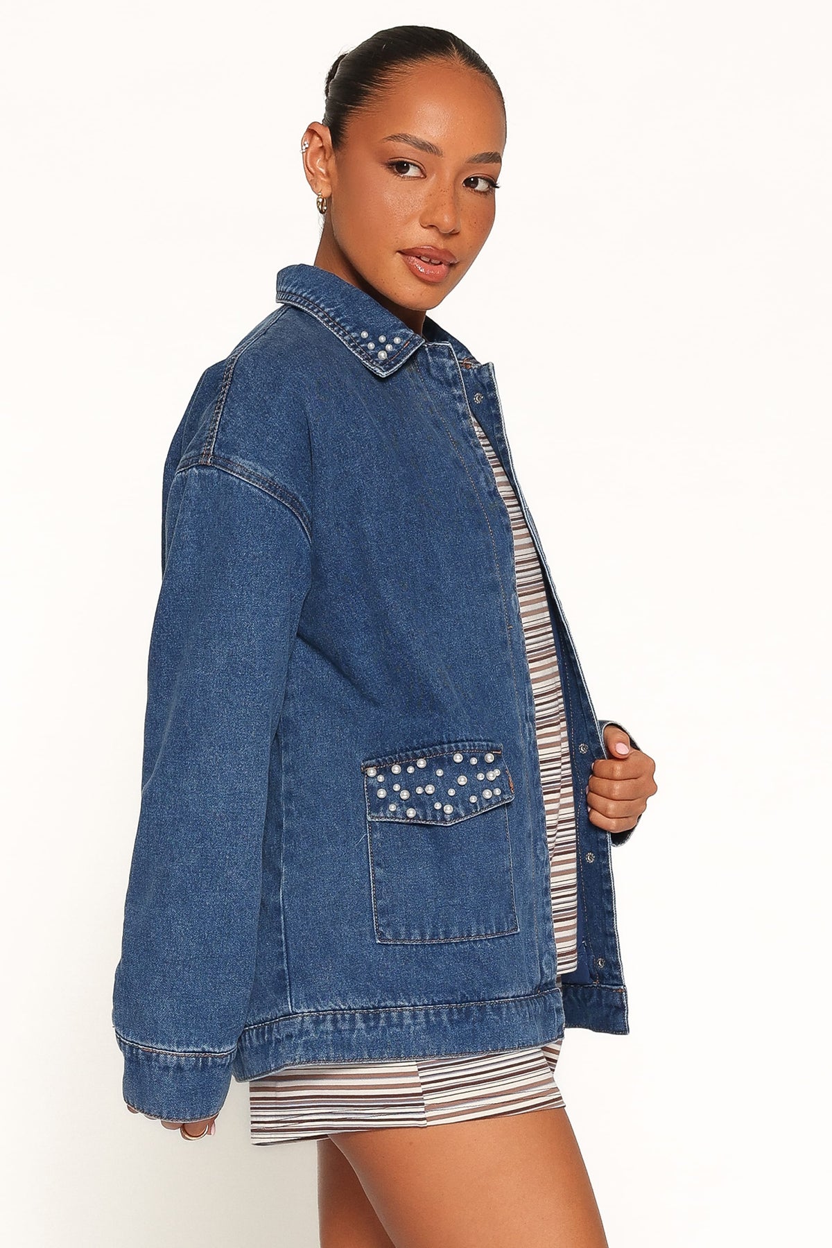 Mandie Pearl Trim Denim Shacket in Indigo – view 3 of 6