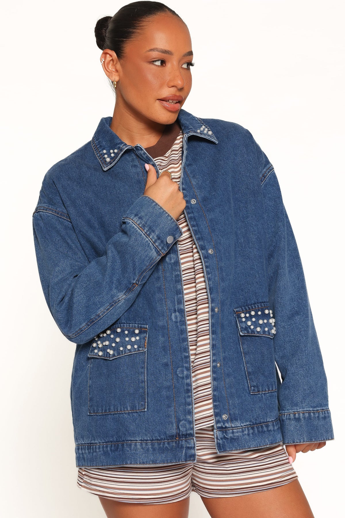 Mandie Pearl Trim Denim Shacket in Indigo – view 1 of 6