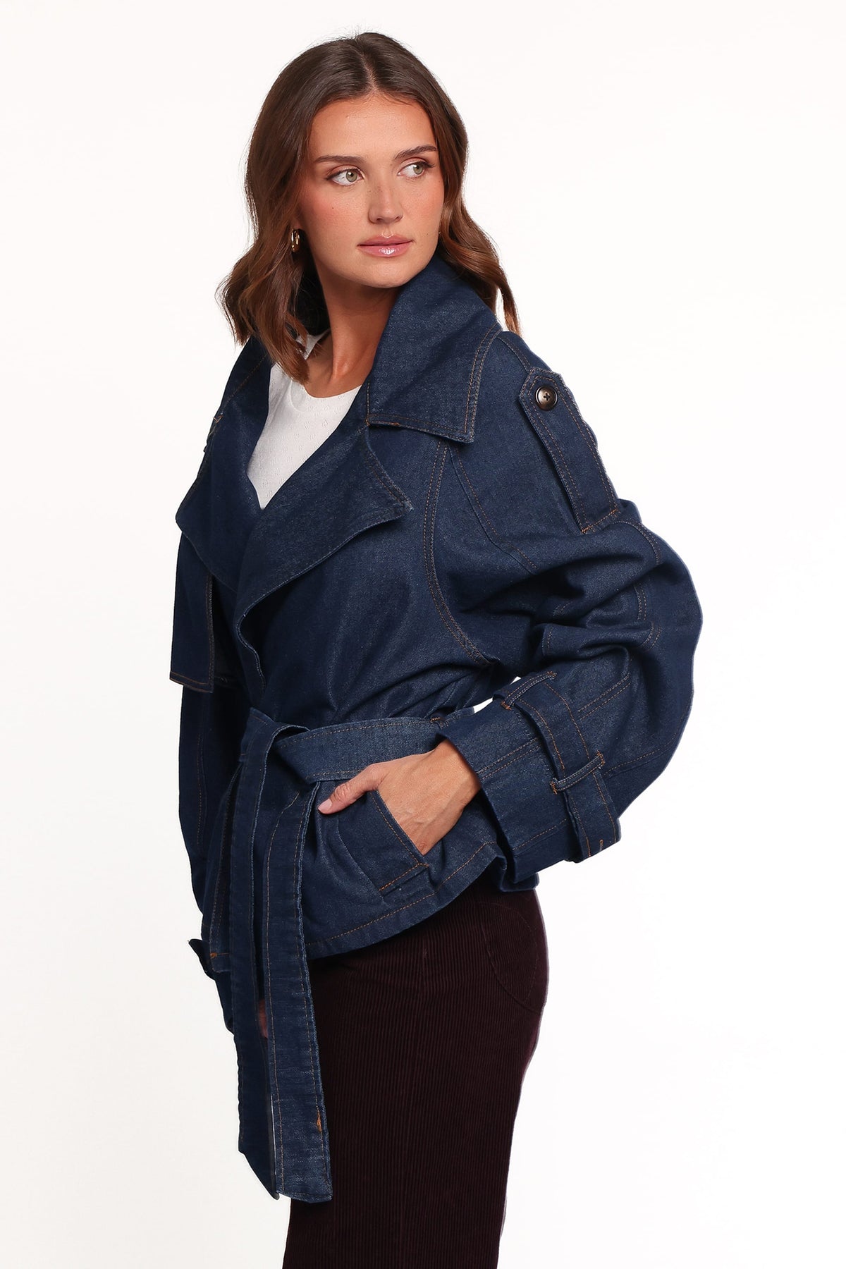 Miranda Cropped Denim Trench in Indigo Wash – view 3 of 7