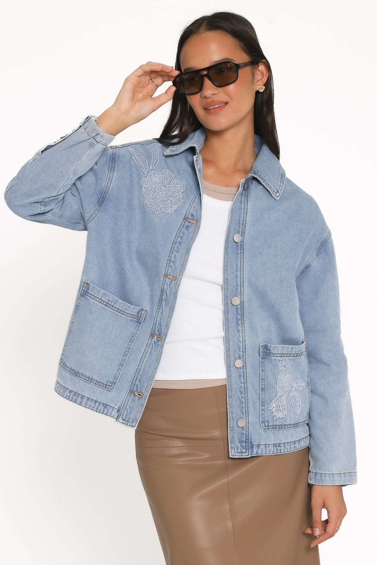 Mora Embroidered Denim Shacket in Light Wash – view 2 of 16
