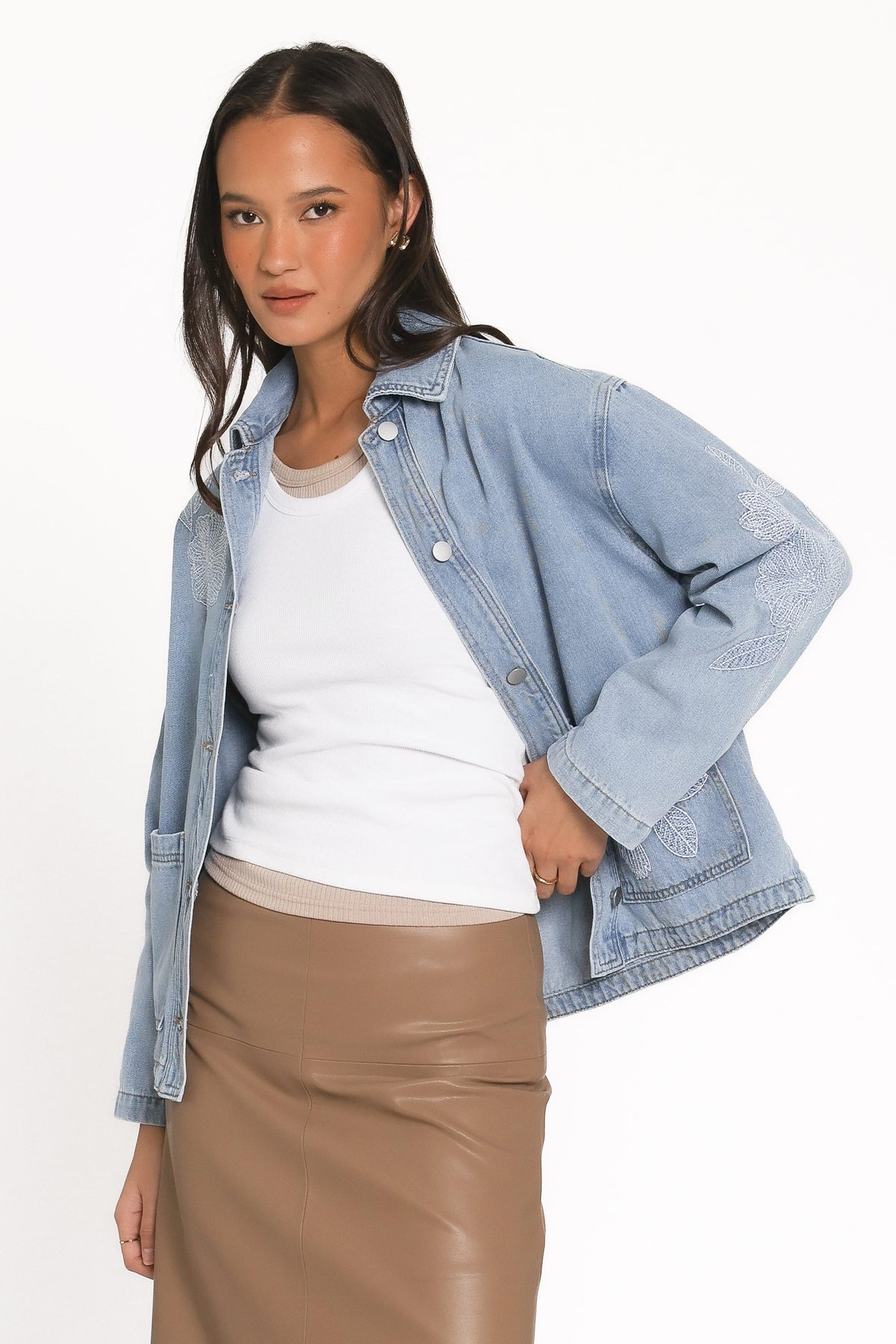 Mora Embroidered Denim Shacket in Light Wash – view 1 of 16