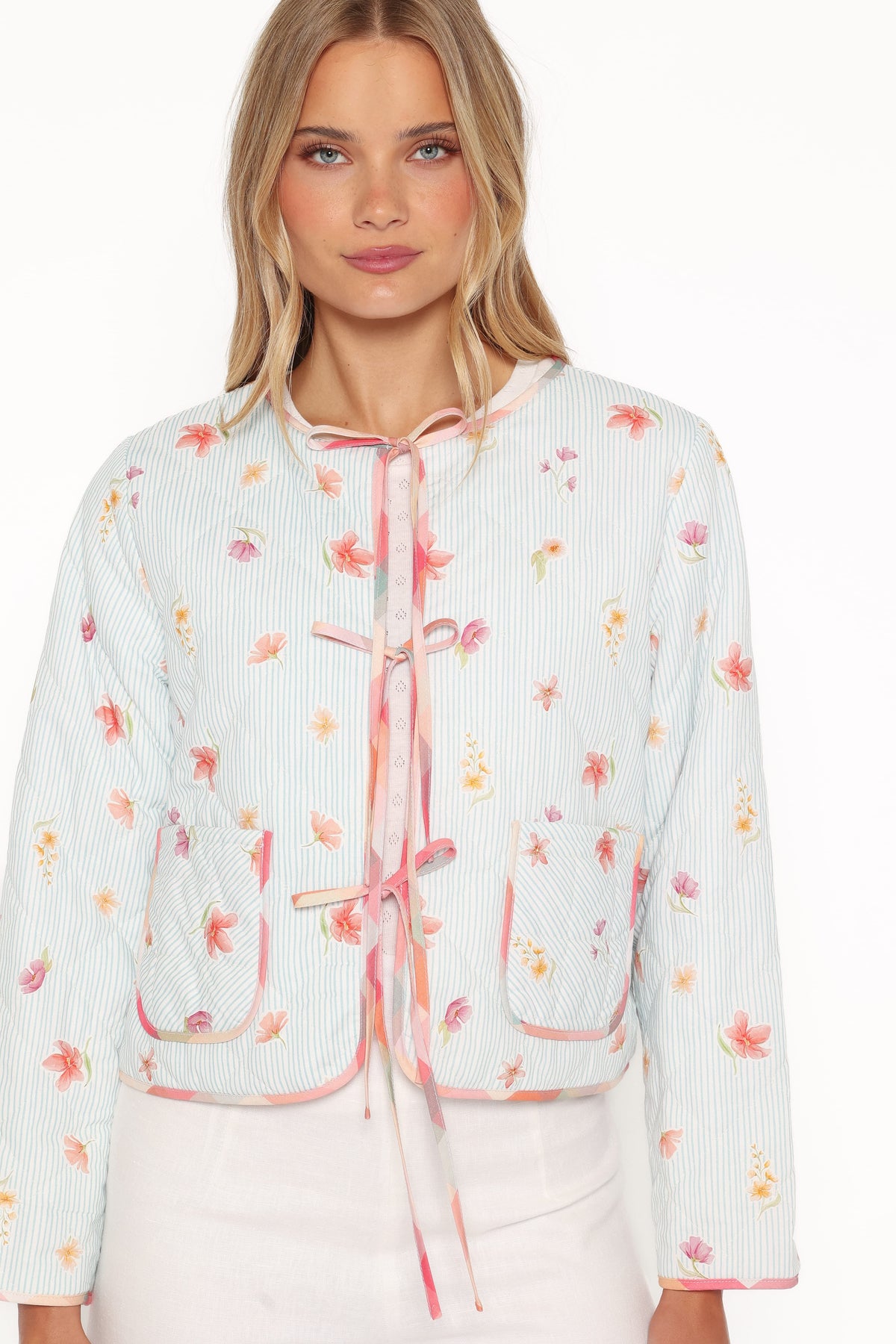 Percy Reversible Quilted Jacket in Blue Garden Stripe – view 2 of 10