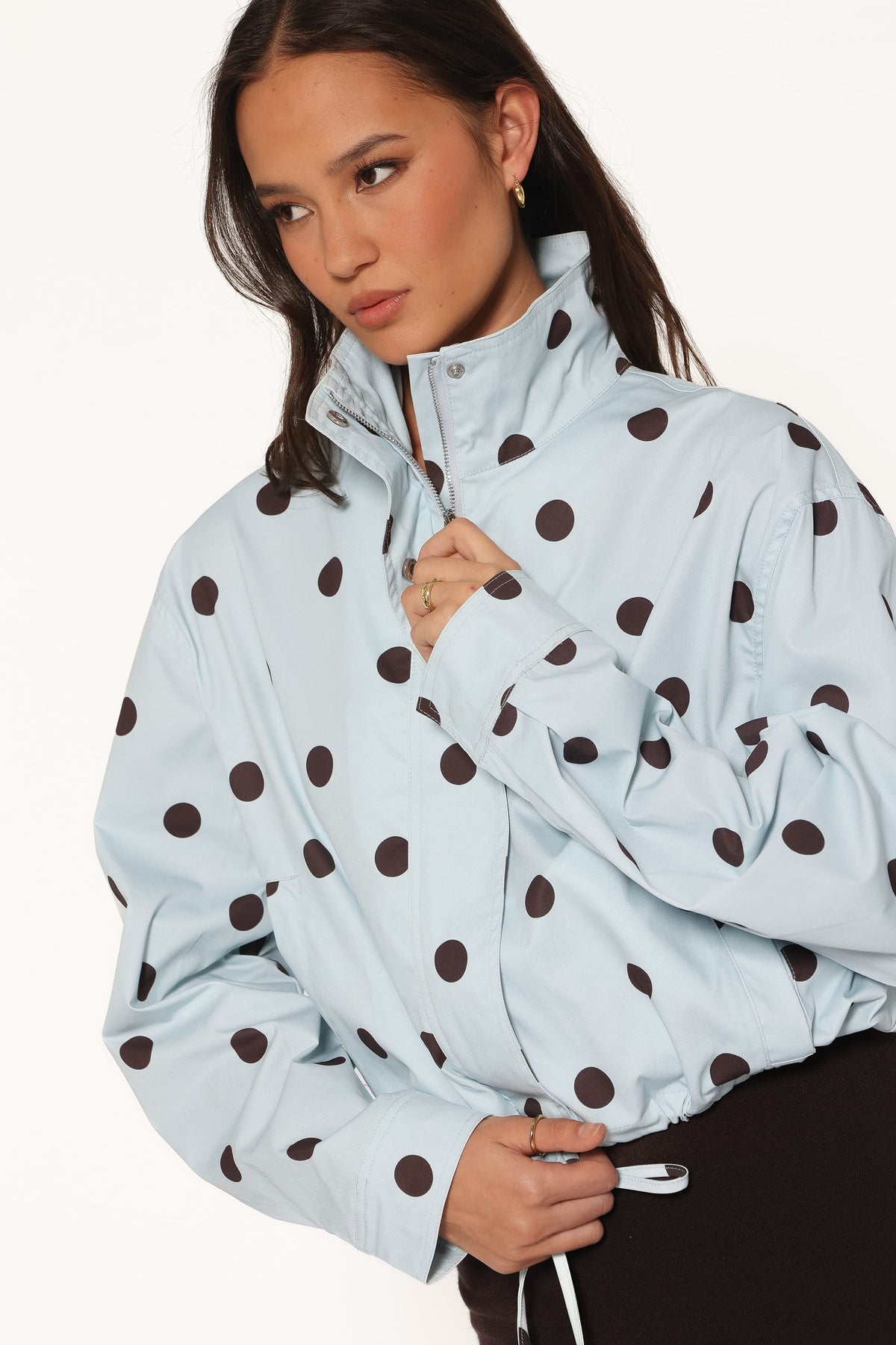 Zoella Funnel Neck Jacket in Blue Polka Dot – view 1 of 7