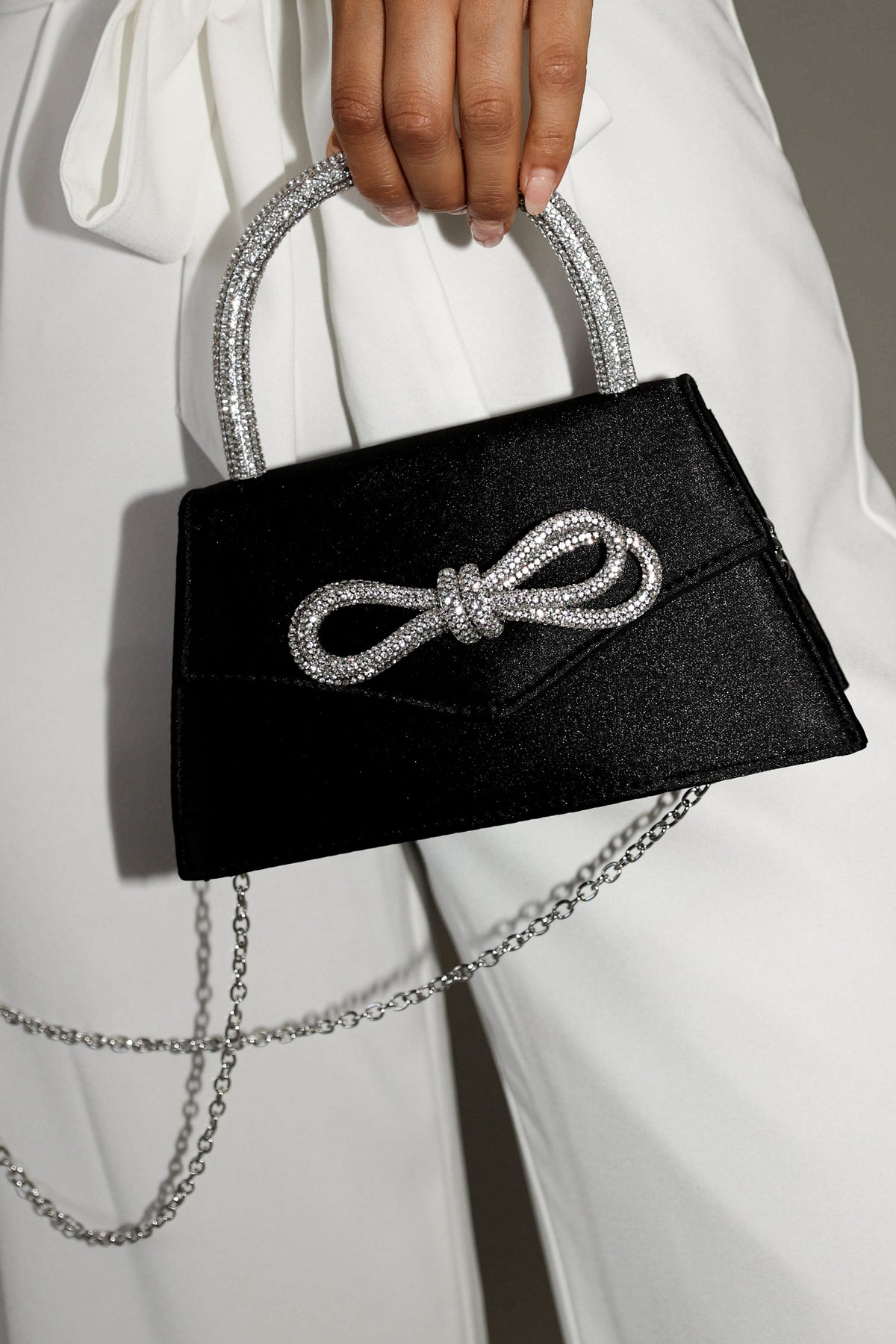 Flicka Rhinestone Bow Bag in Black Satin – view 1 of 4