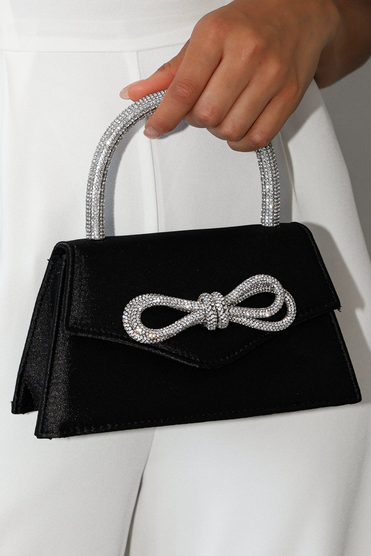 Flicka Rhinestone Bow Bag in Black Satin – view 2 of 4