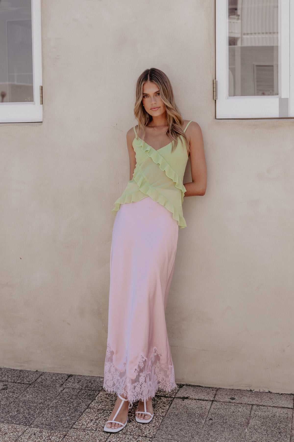 Alira Lace Trim Midi Skirt in Pale Pink – view 1 of 7