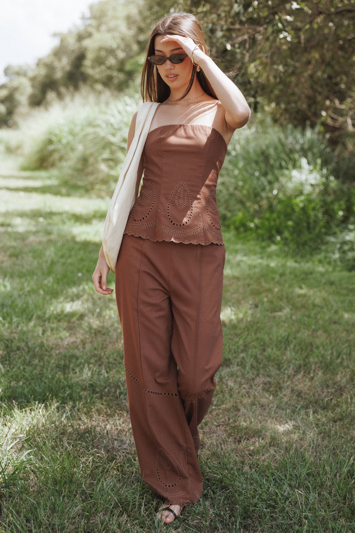 Dalia Eyelet Pant in Brown – view 1 of 7