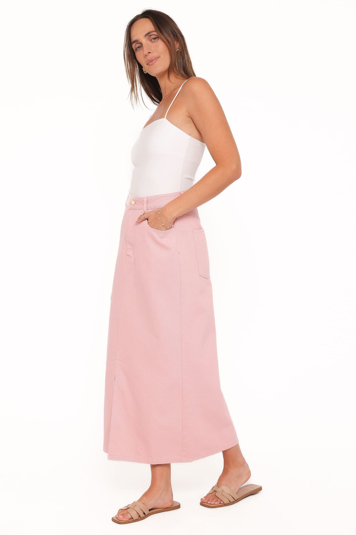 Dana Denim Midi Skirt in Dusty Pink – view 3 of 7