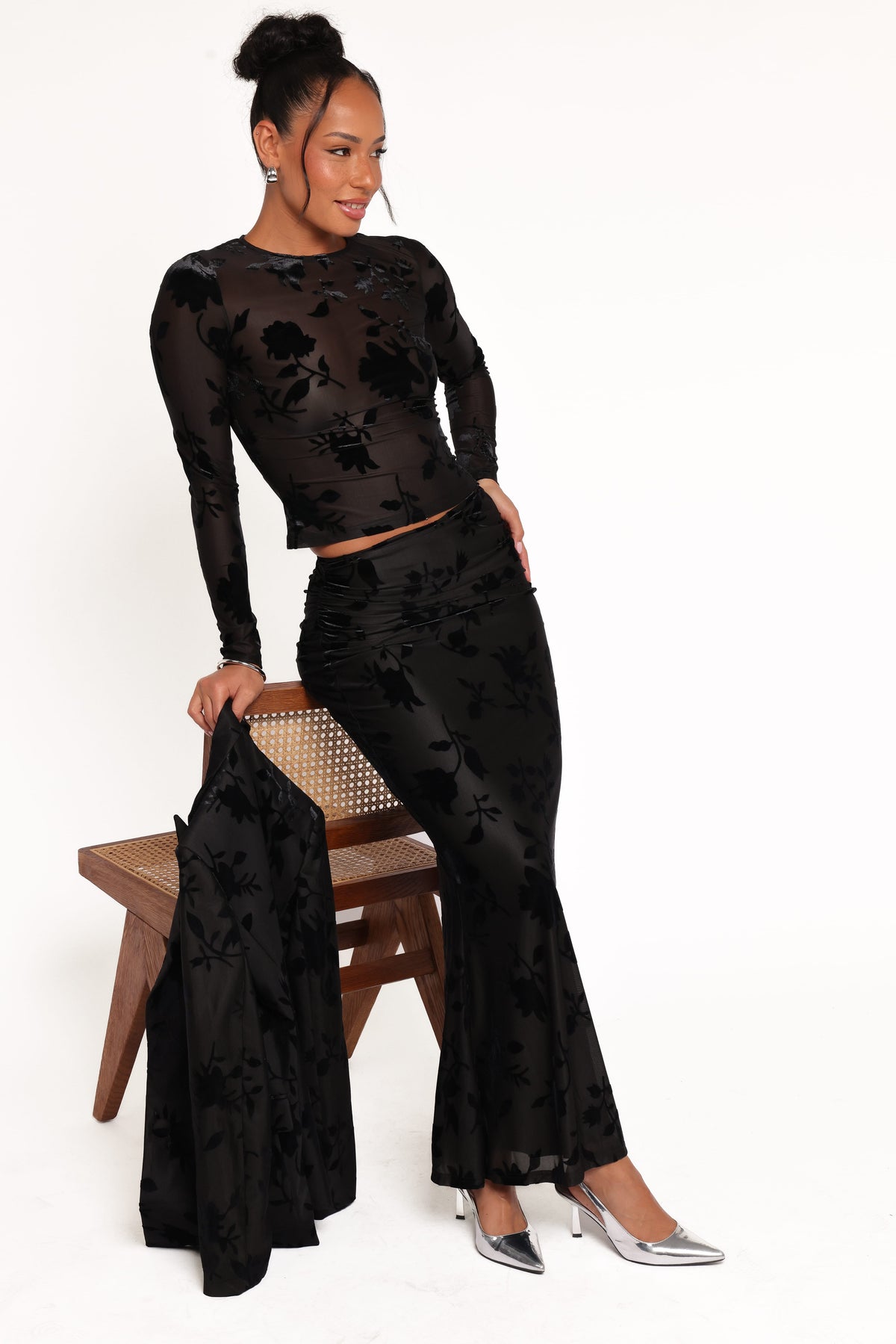 Emily Burnout Velvet Skirt in Black – view 2 of 7