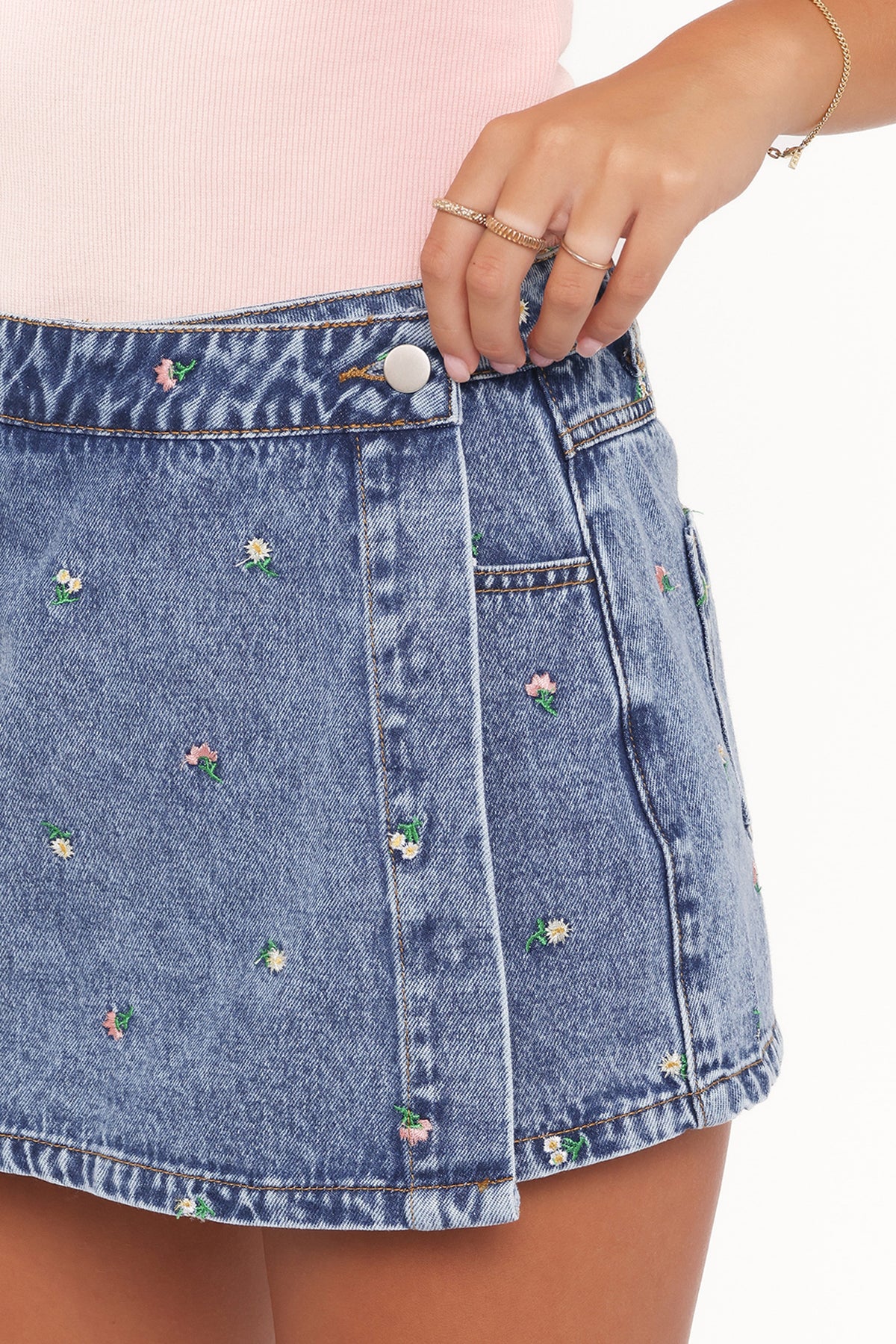 Evanna Denim Skort in Embroidery Medium Wash – view 6 of 9