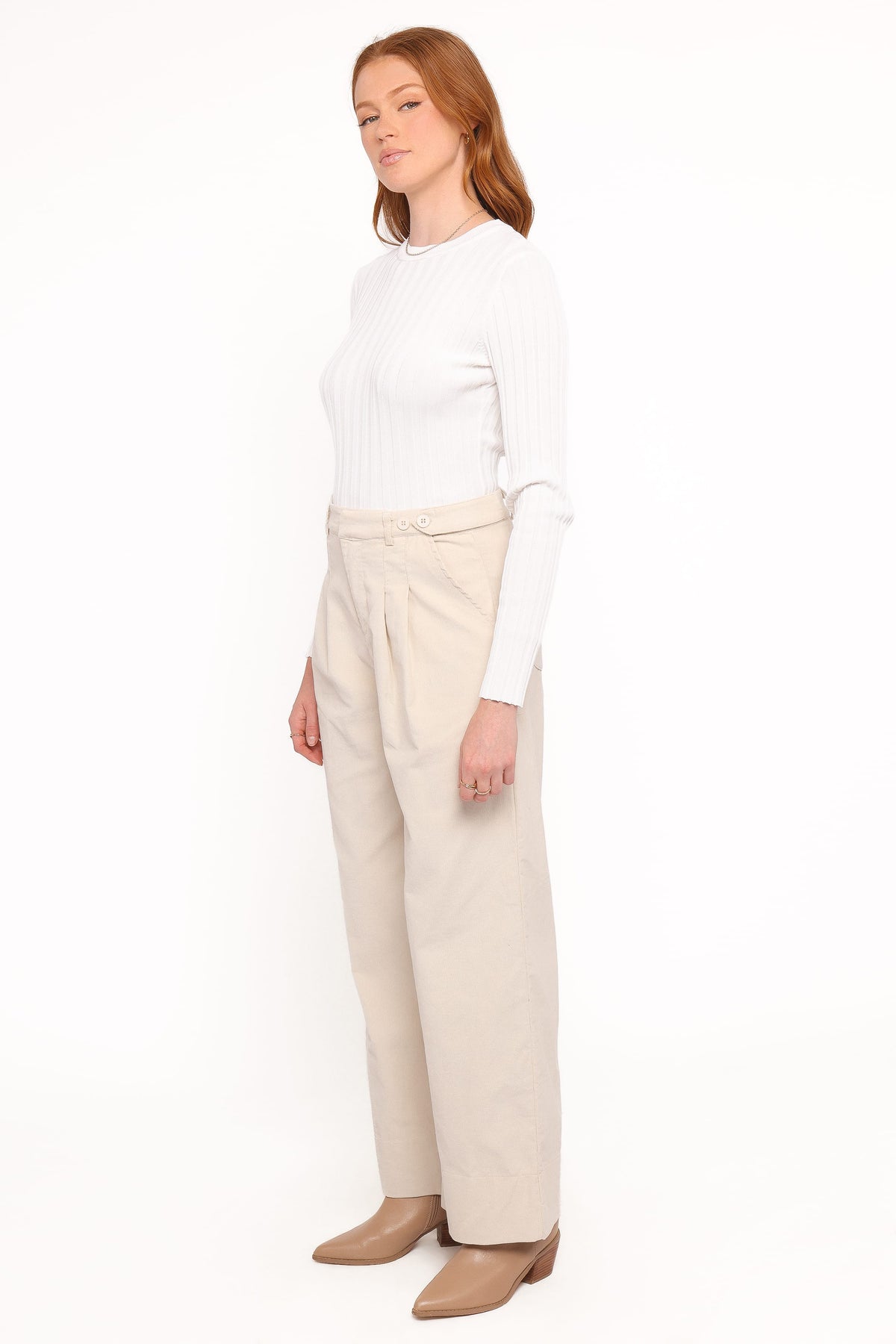 Faelan Wide Leg Cord Pants in Beige – view 3 of 5