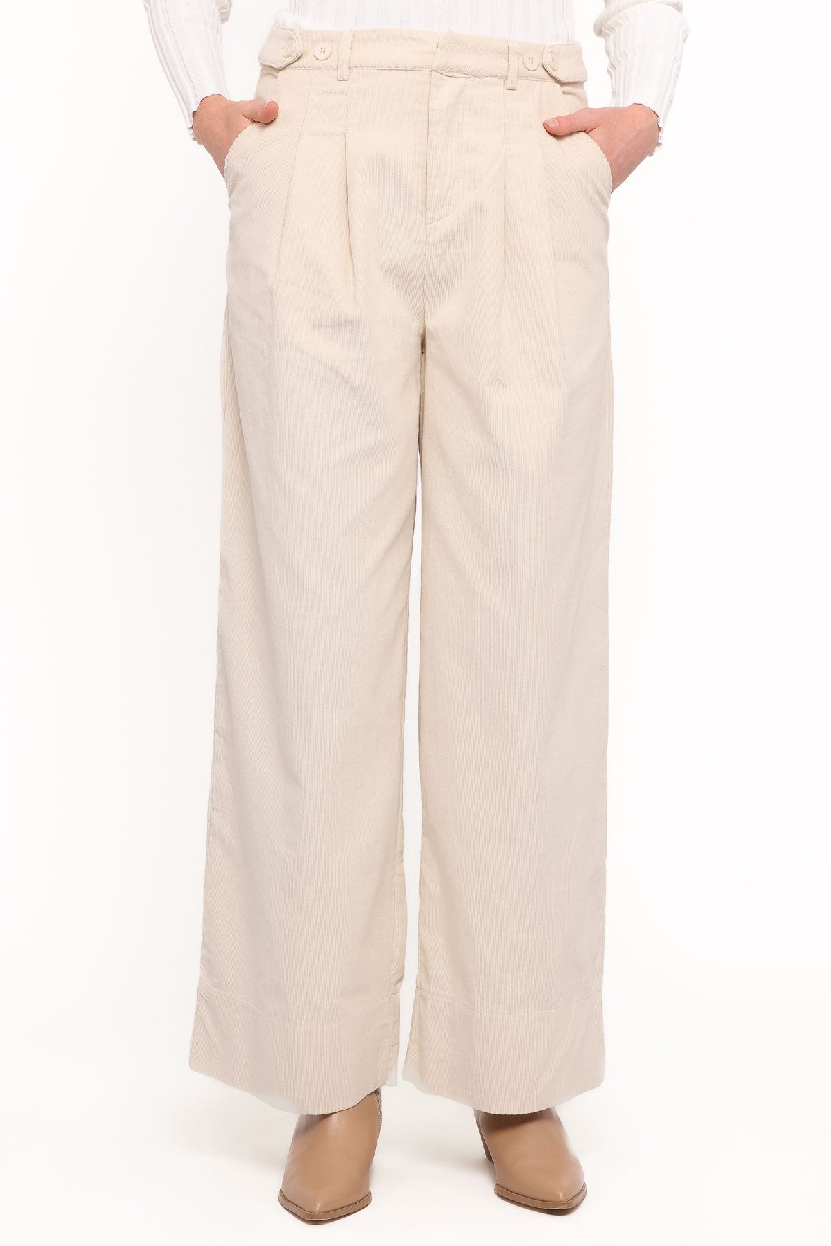 Faelan Wide Leg Cord Pants in Beige – view 2 of 5