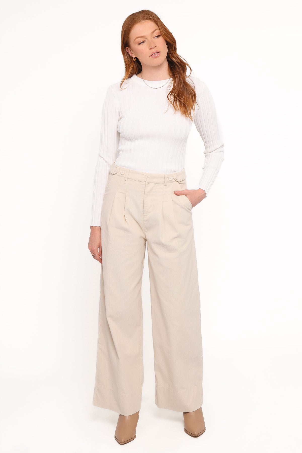 Faelan Wide Leg Cord Pants in Beige – view 1 of 5