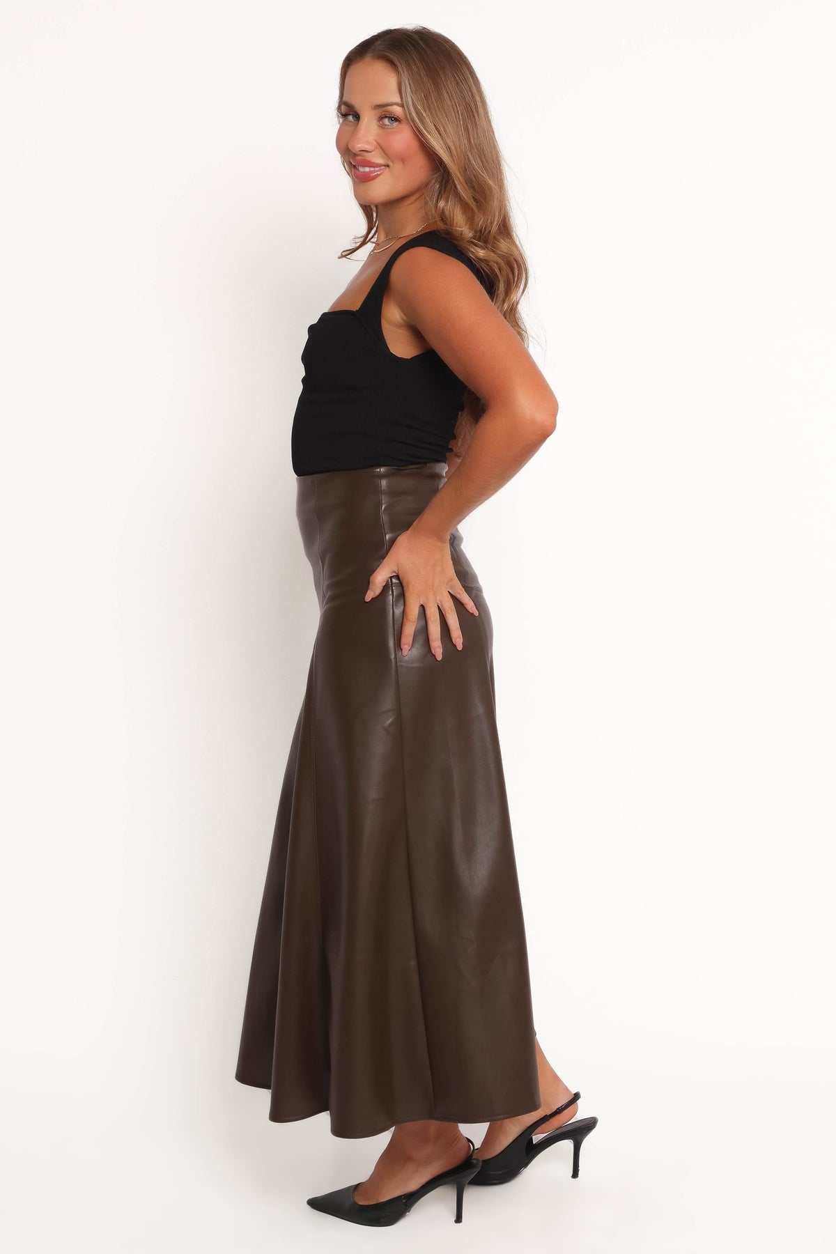 Haelee Faux Leather Skirt in Brown – view 3 of 6