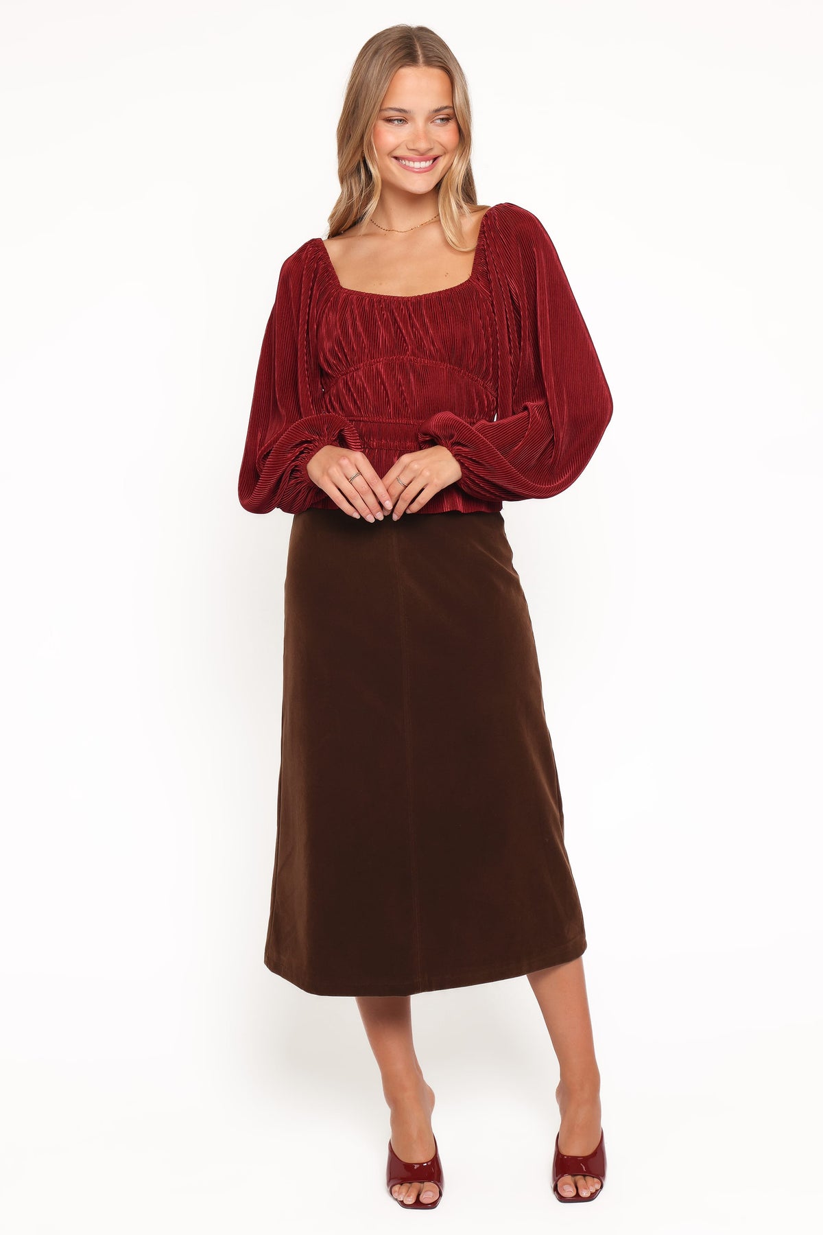 Halina Velvet Midi Skirt in Chocolate – view 1 of 6