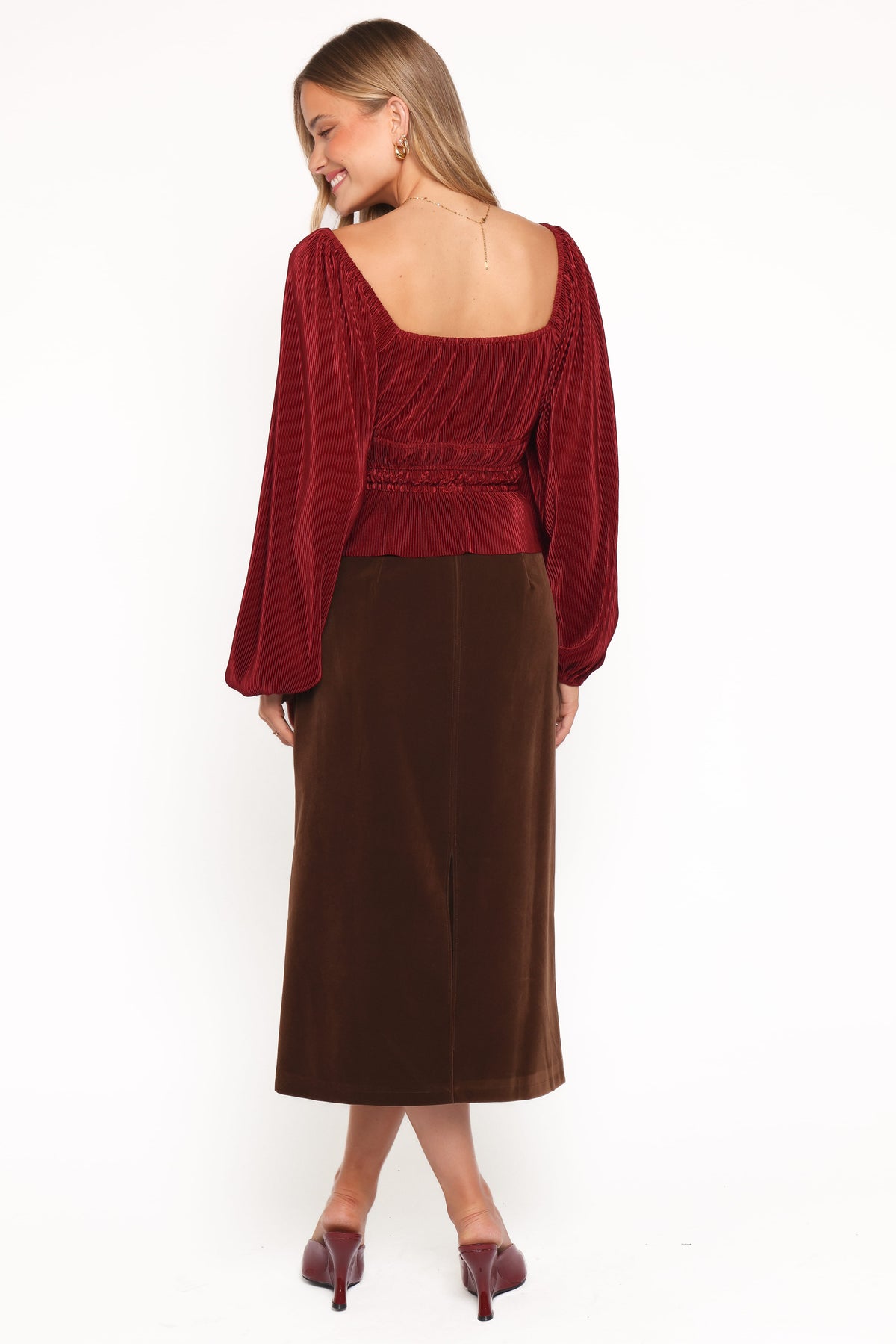 Halina Velvet Midi Skirt in Chocolate – view 4 of 6