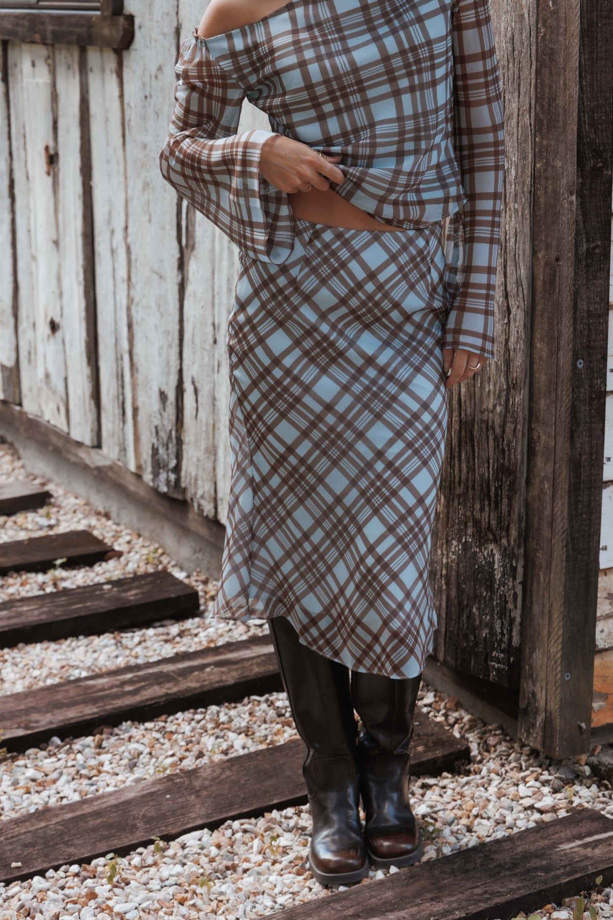 Josiana Pencil Skirt in Blue/Brown Plaid – view 1 of 9
