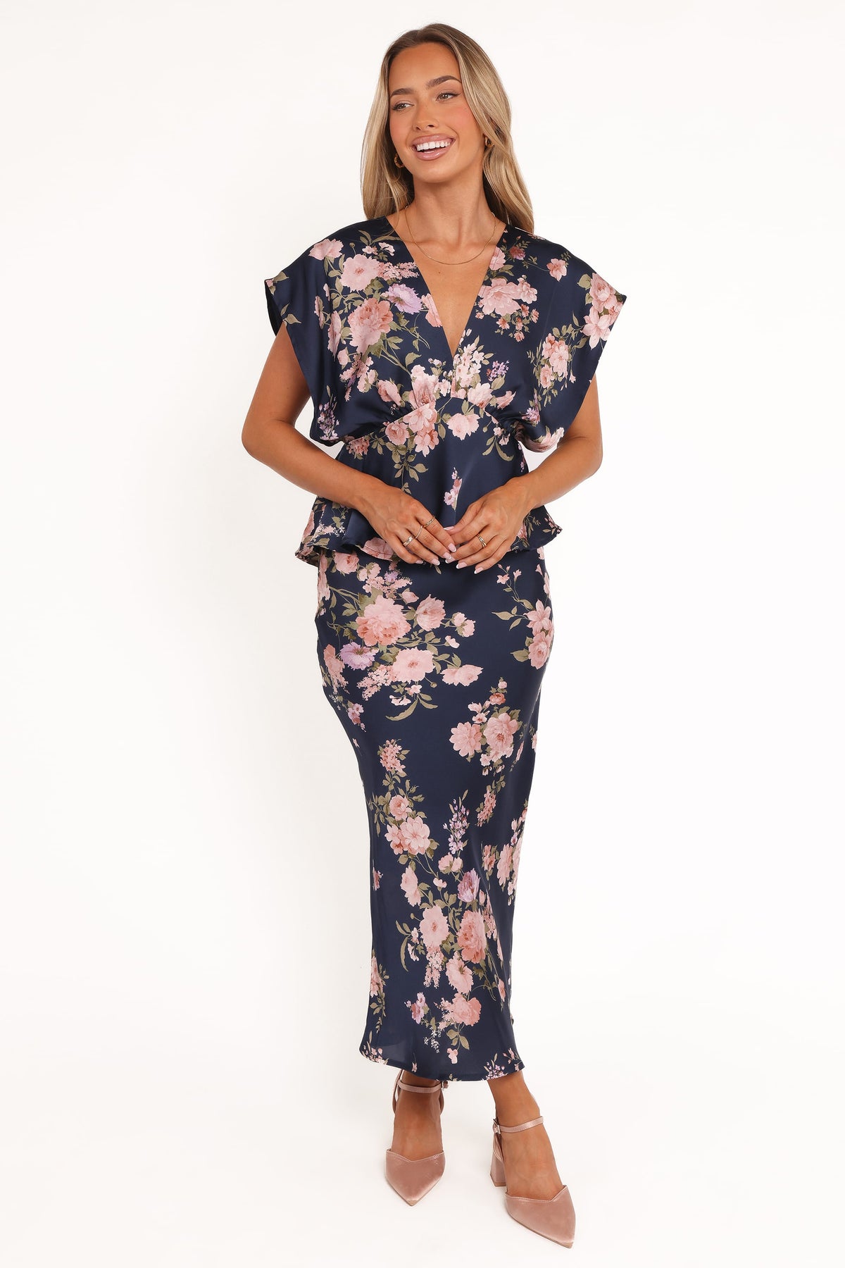 Kenna Satin Midi Skirt in Navy Floral – view 2 of 7