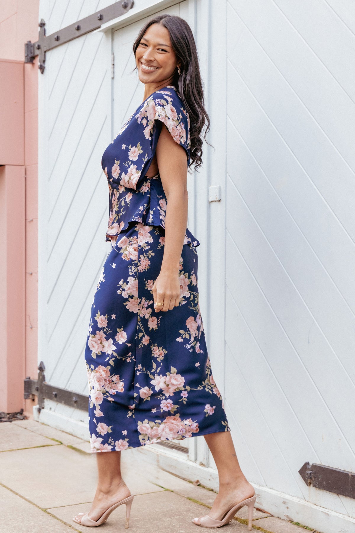 Kenna Satin Midi Skirt in Navy Floral – view 1 of 7
