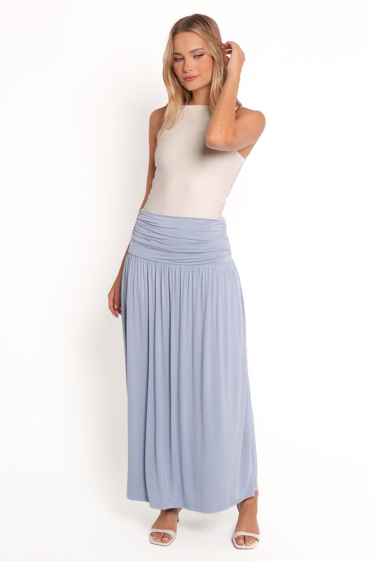 Lavia Ruched Knit Maxi Skirt in Soft Blue – view 1 of 6