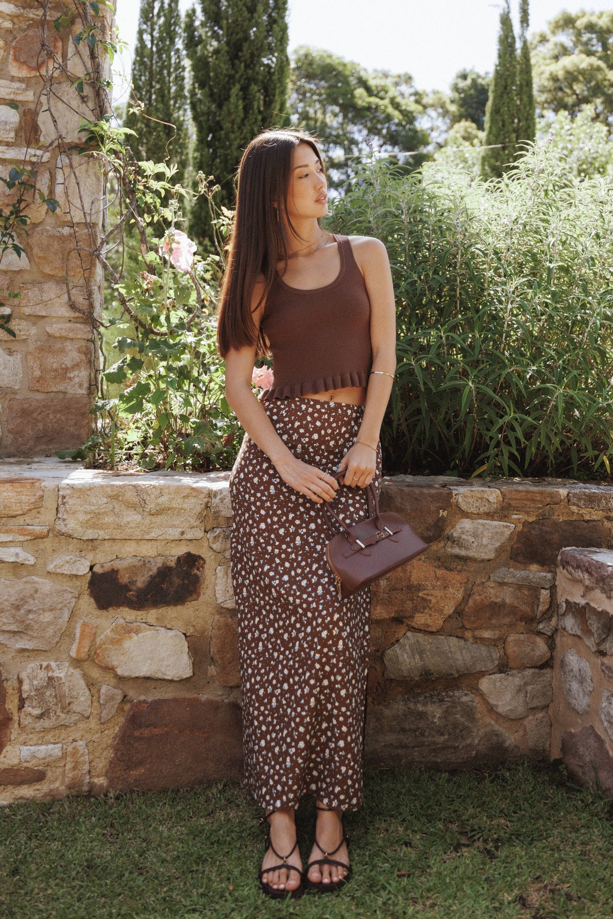 Madison Linen Column Skirt in Brown Floral – view 1 of 8