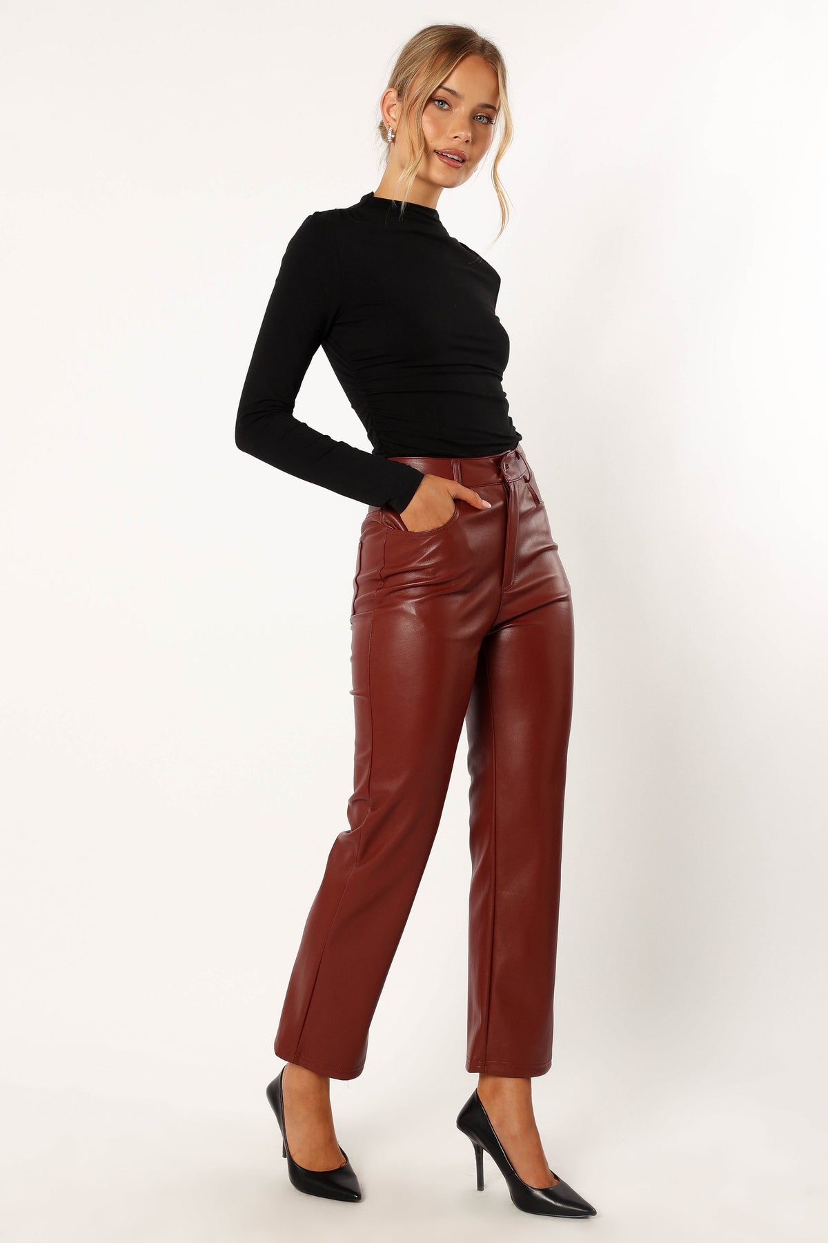 Maverick Vegan Leather Pants in Merlot – view 2 of 6
