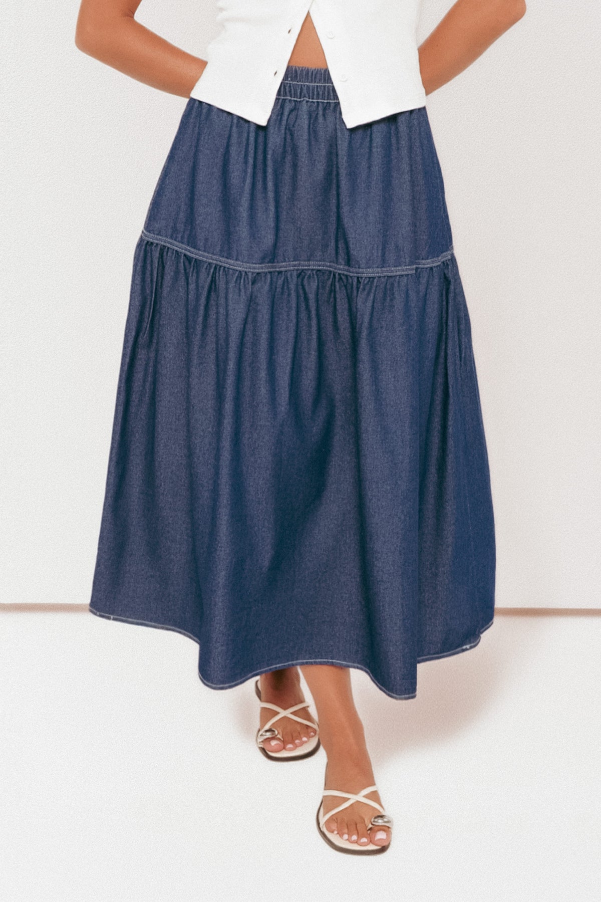Meadow Midi Denim Skirt in Dark Wash – view 3 of 8