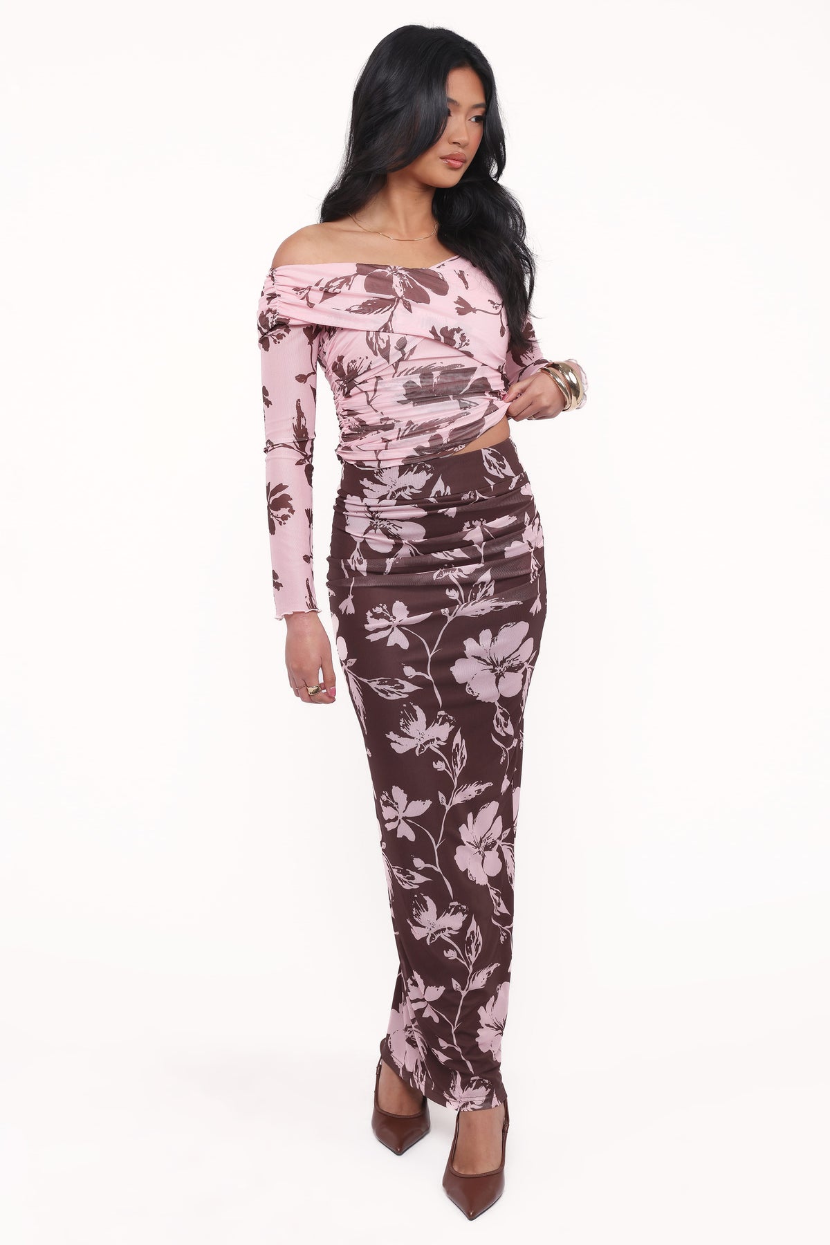 Navida Mesh Midi Skirt in Pink Brown Floral – view 5 of 6