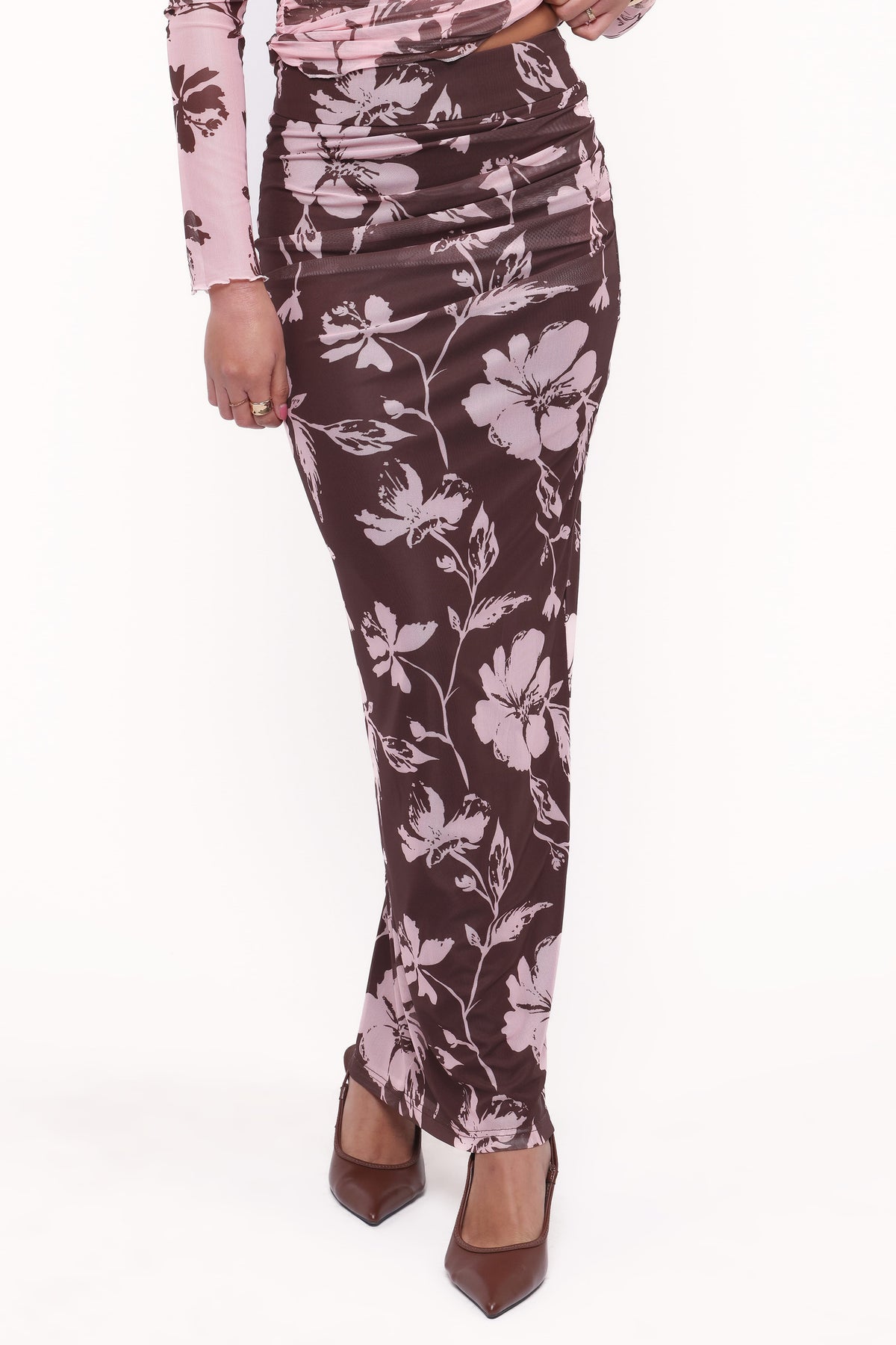 Navida Mesh Midi Skirt in Pink Brown Floral – view 2 of 6