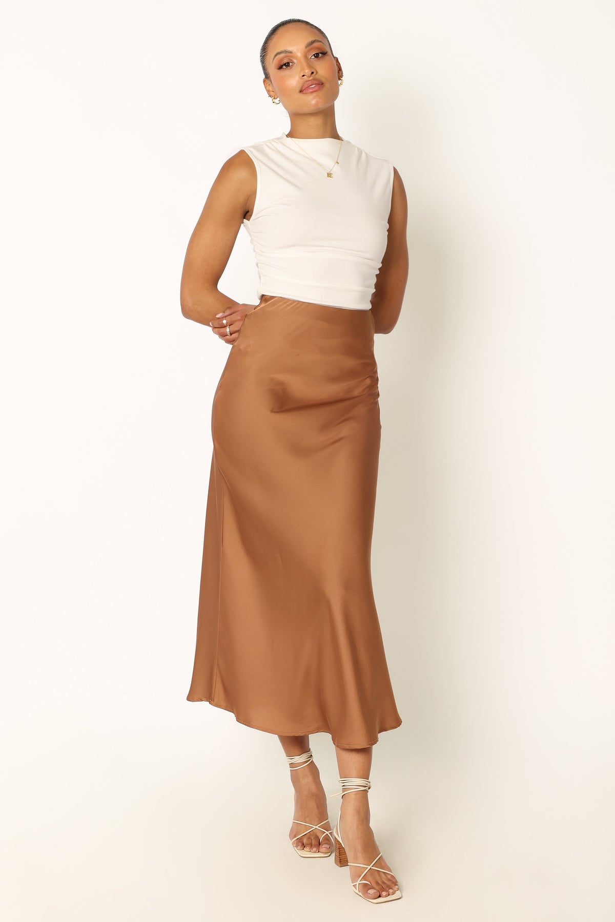 Nellie Satin Midi Skirt in Bronze – view 2 of 10