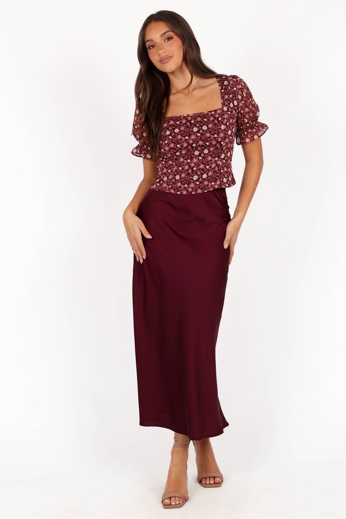 Nellie Satin Midi Skirt in Burgundy – view 1 of 6