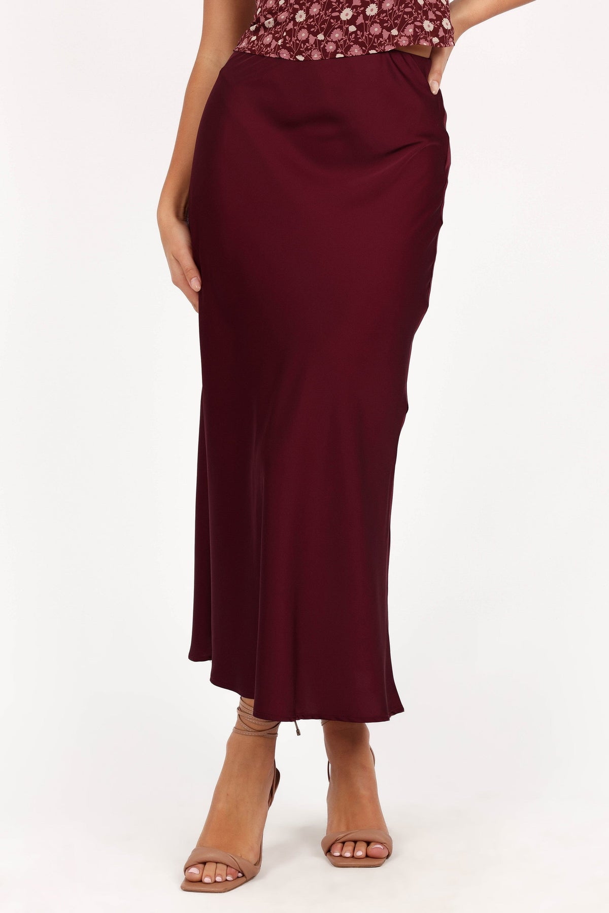 Nellie Satin Midi Skirt in Burgundy – view 2 of 6