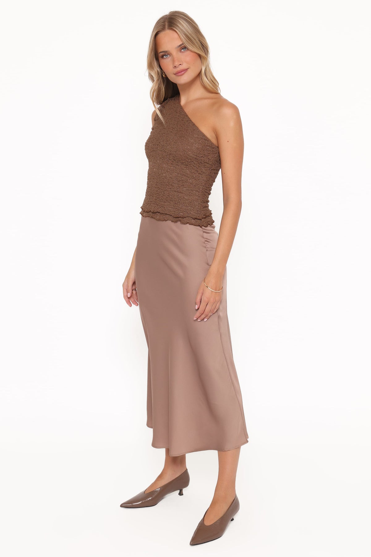 Nellie Satin Midi Skirt in Mocha Brown – view 4 of 8