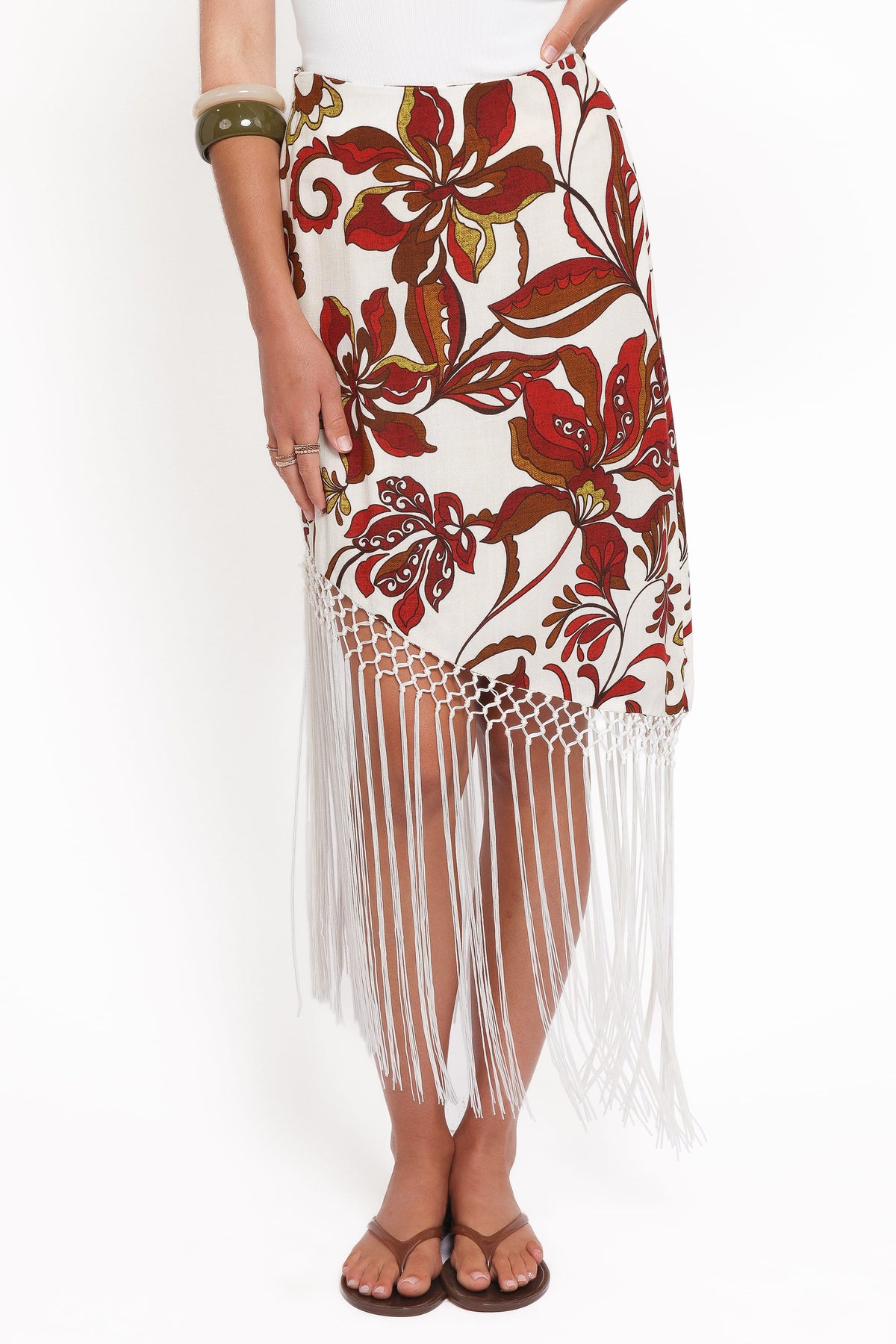 Shelby Midi Fringe Skirt in Brown Floral – view 3 of 7