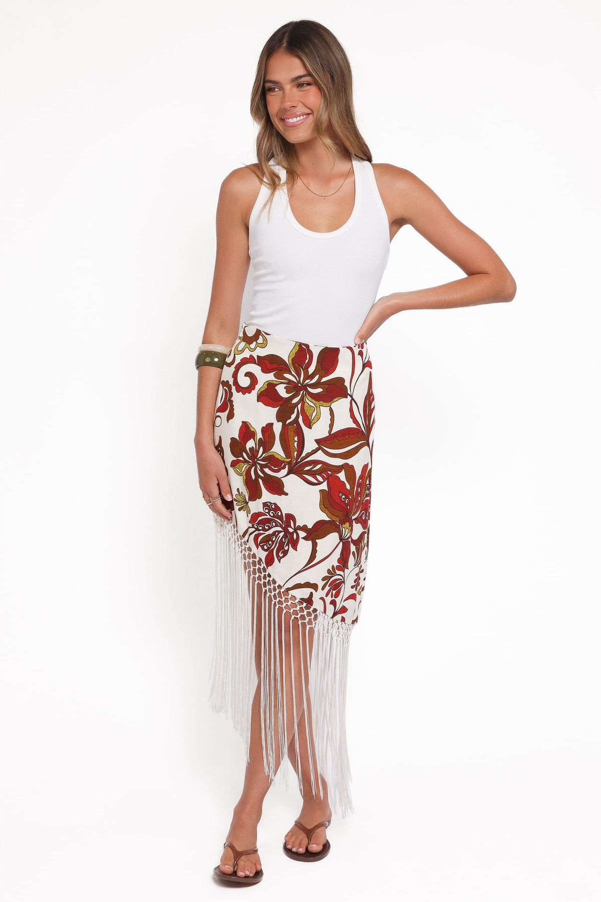 Shelby Midi Fringe Skirt in Brown Floral – view 2 of 7