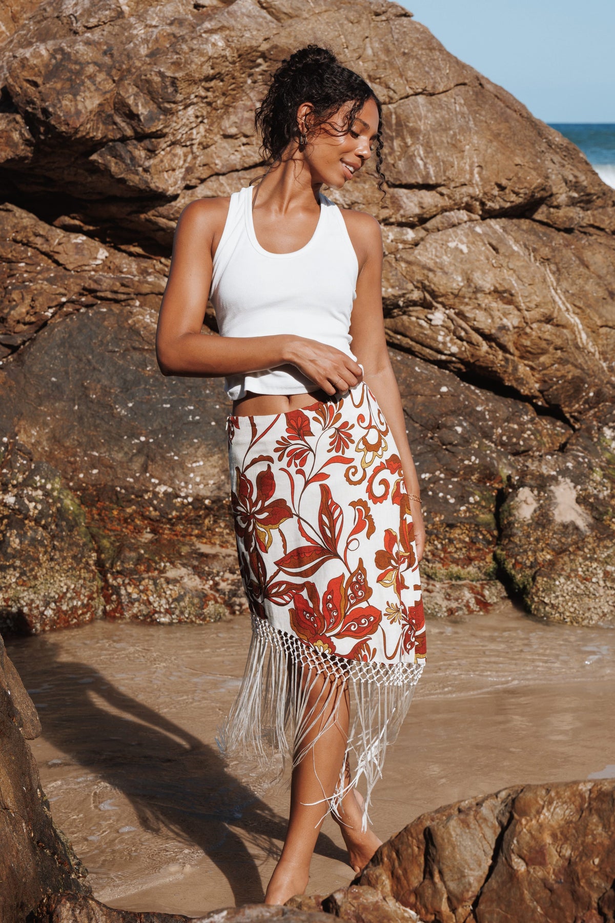 Shelby Midi Fringe Skirt in Brown Floral – view 1 of 7