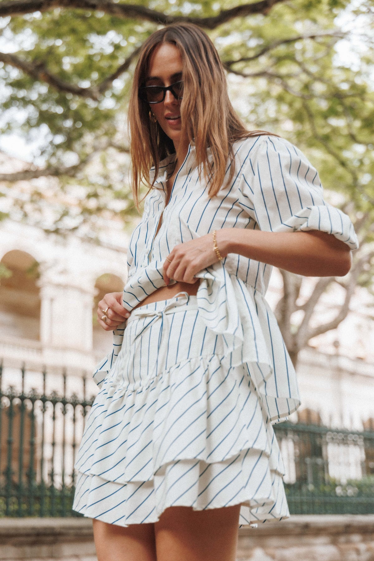 Sybella Frill Basque Skirt in Yellow/Blue Stripe – view 1 of 8