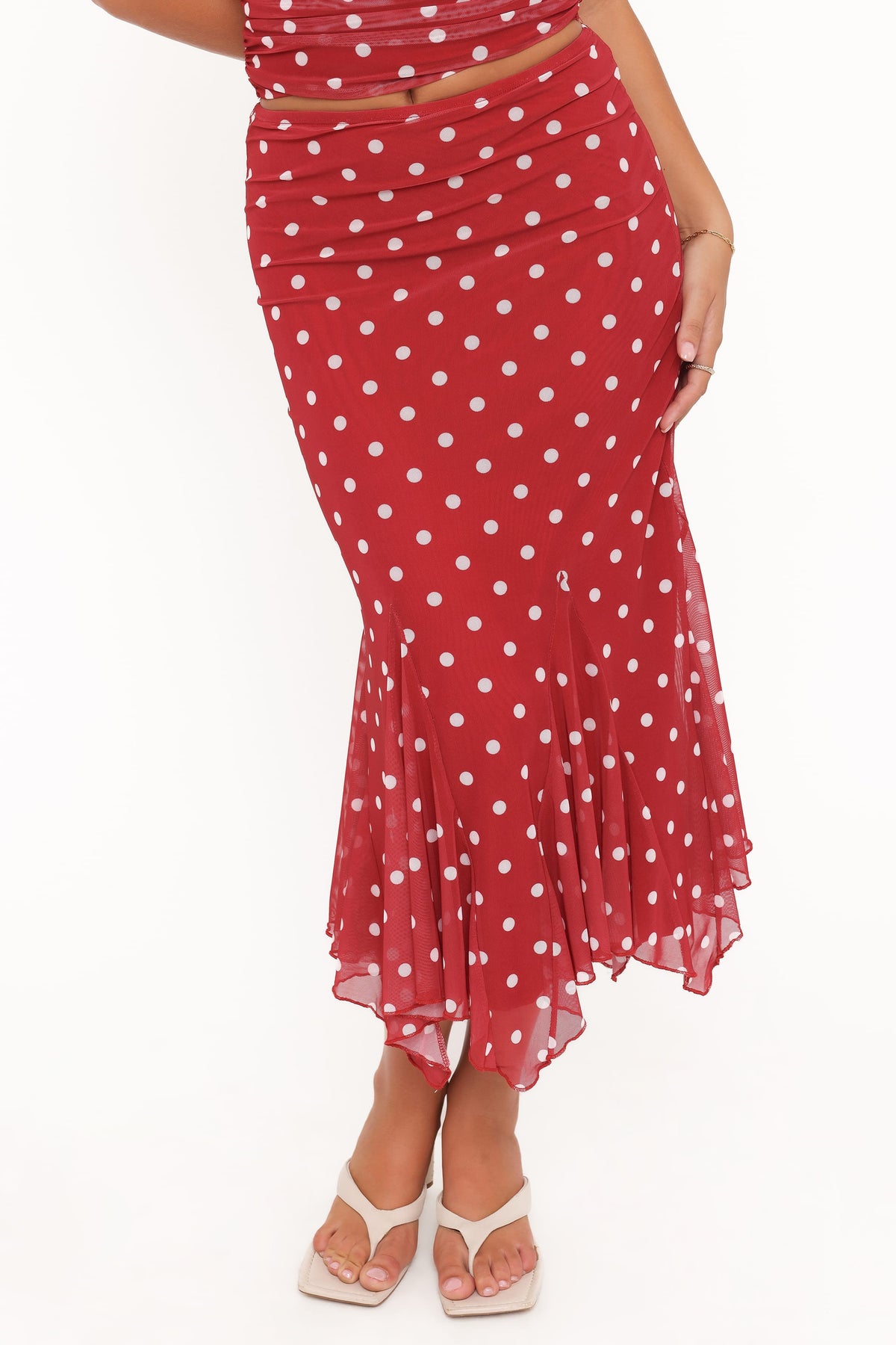 Tullia Mesh Midi Skirt in Red Polka Dot – view 2 of 5