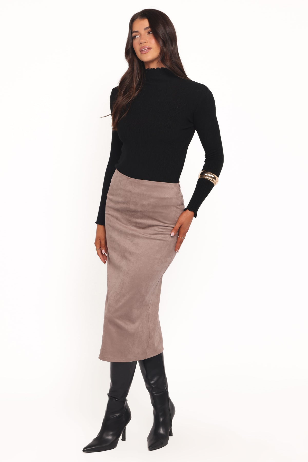 Una Suede Midi Skirt in Mushroom – view 3 of 6