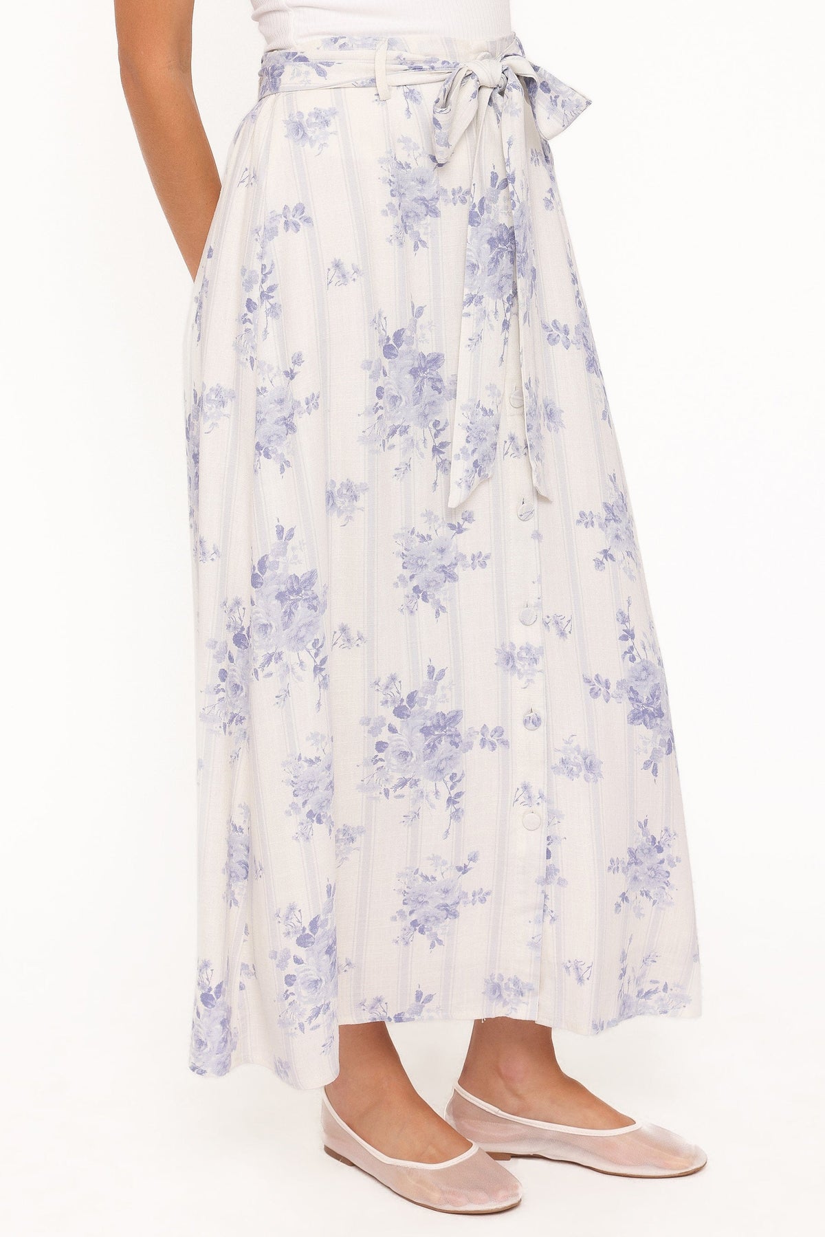 Xander Tie Waist Midi Skirt in Lilac Floral – view 2 of 5