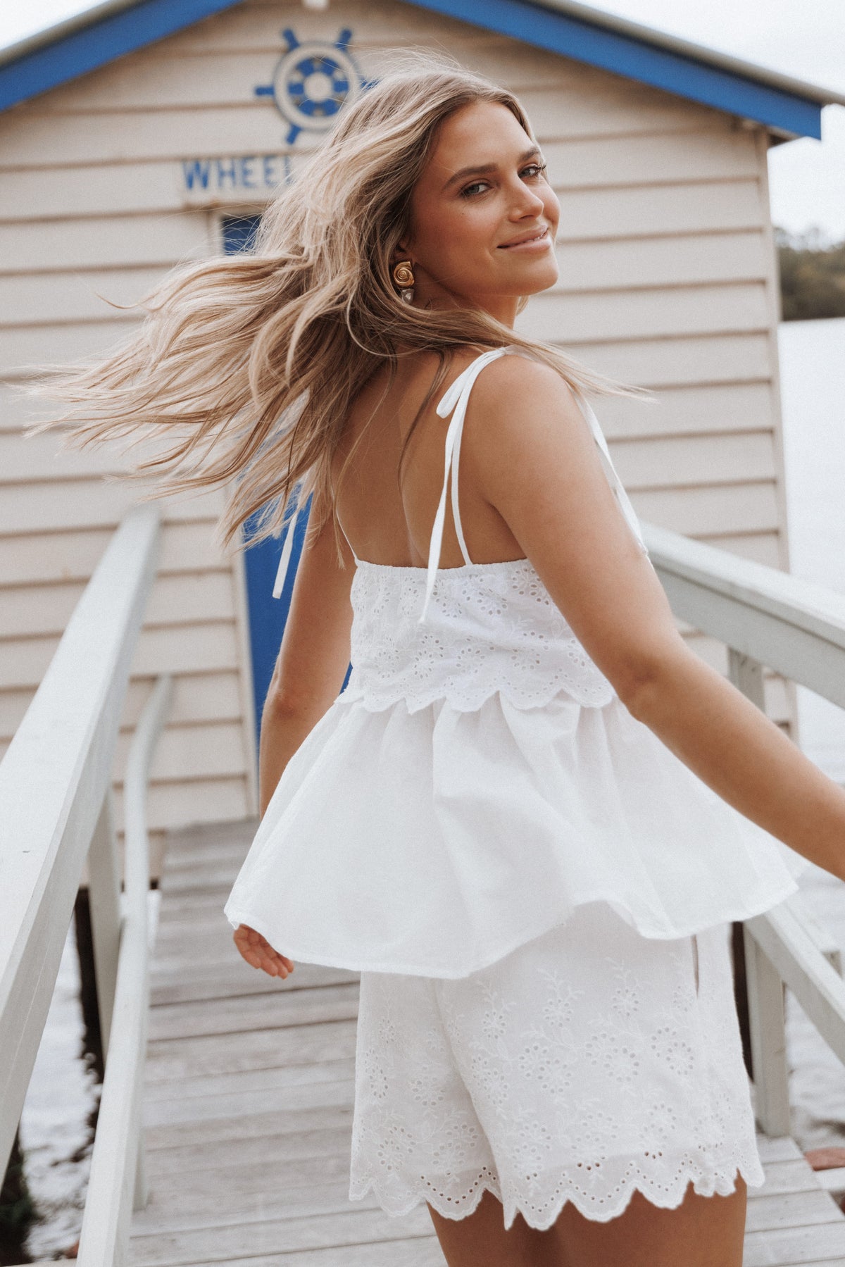 Zera Eyelet Scallop Shorts in White – view 1 of 8