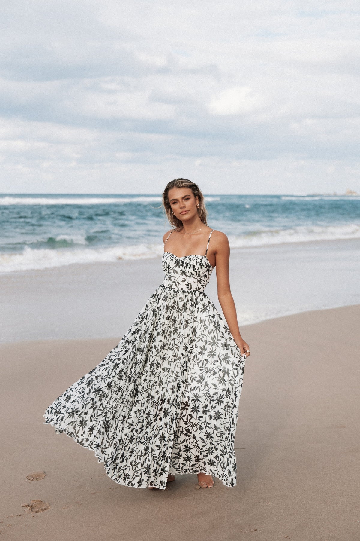 Achanti Pleated Maxi Dress in White Black Floral – view 1 of 9