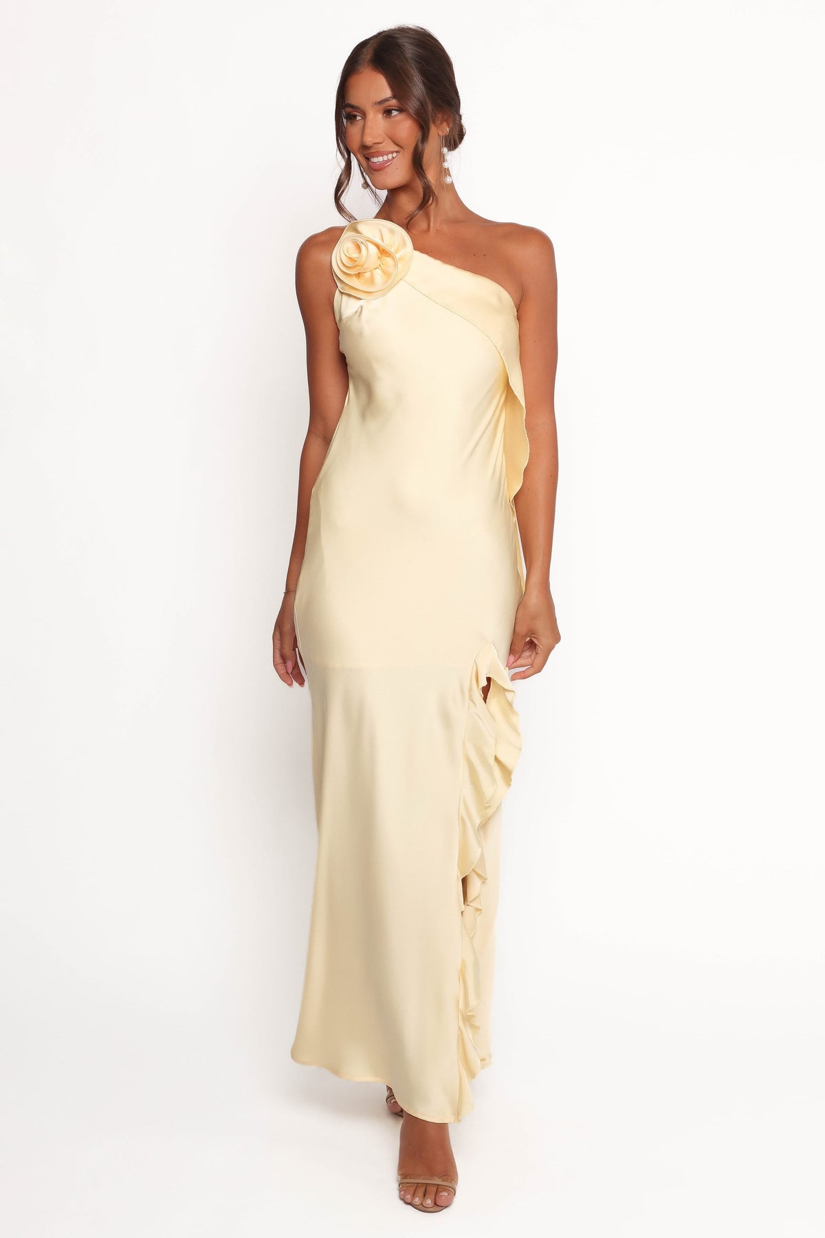 Aila Rosette One Shoulder Dress in Butter Yellow – view 7 of 9