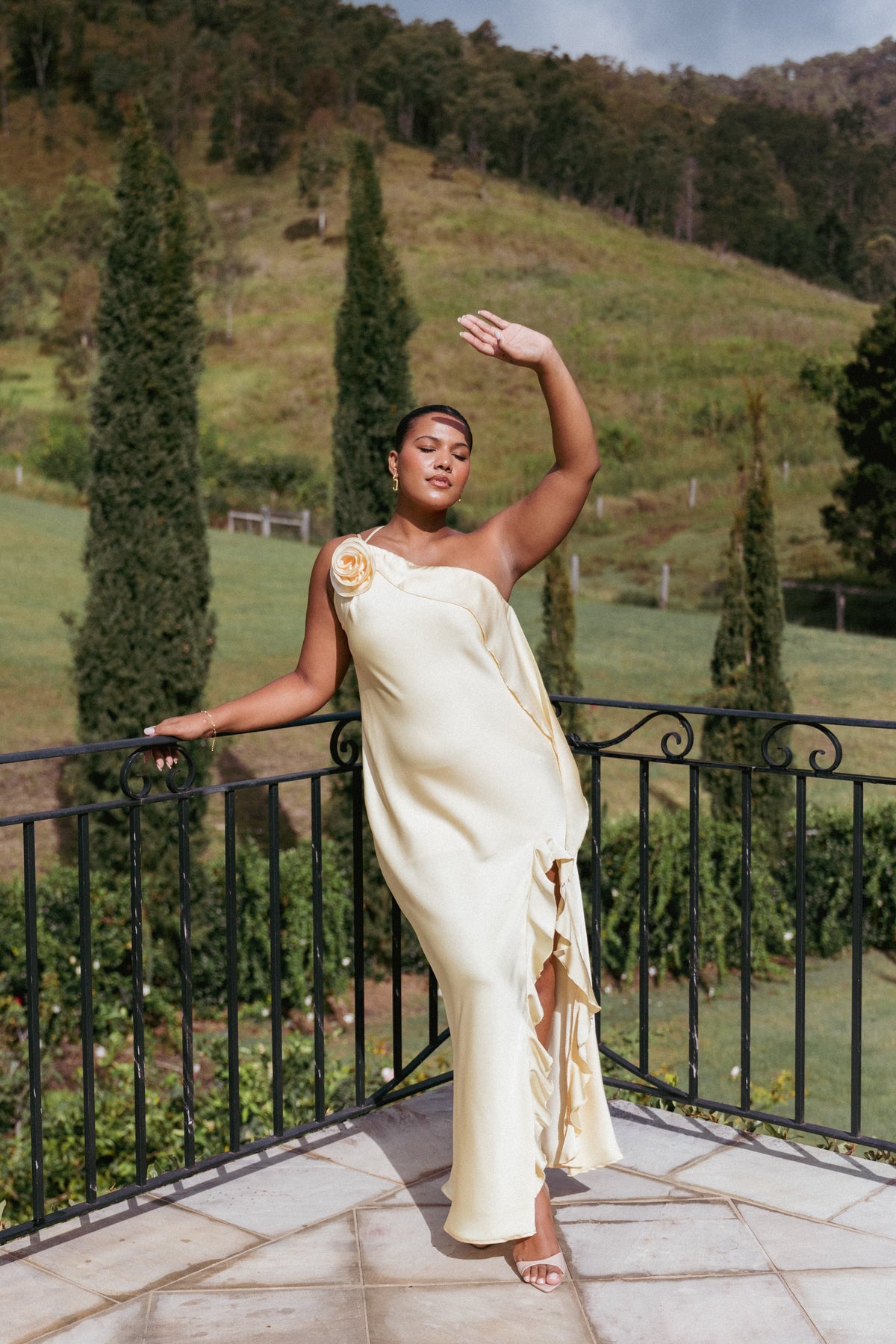 Aila Rosette One Shoulder Dress in Butter Yellow – view 1 of 9