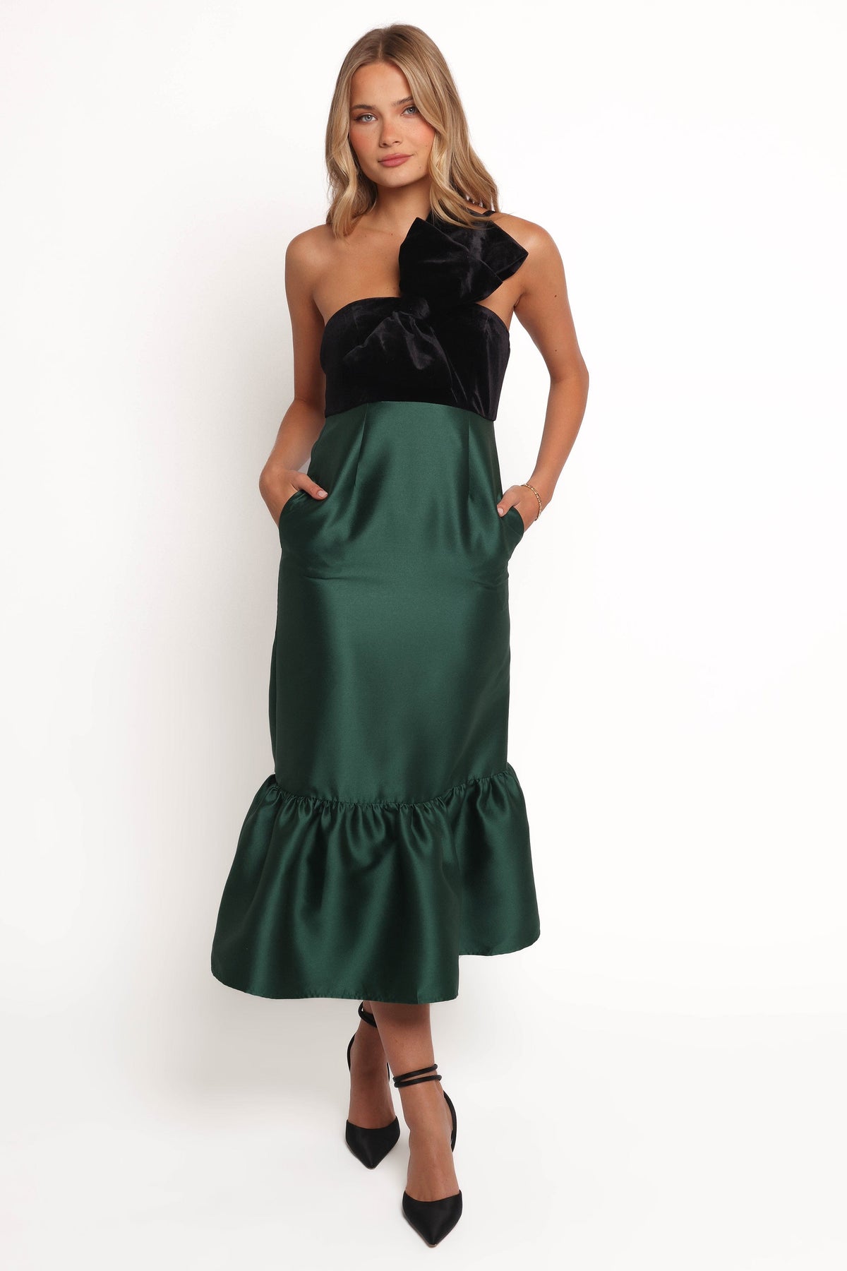 Amelie Bow Front One Shoulder Midi Dress in Black/Emerald – view 1 of 7