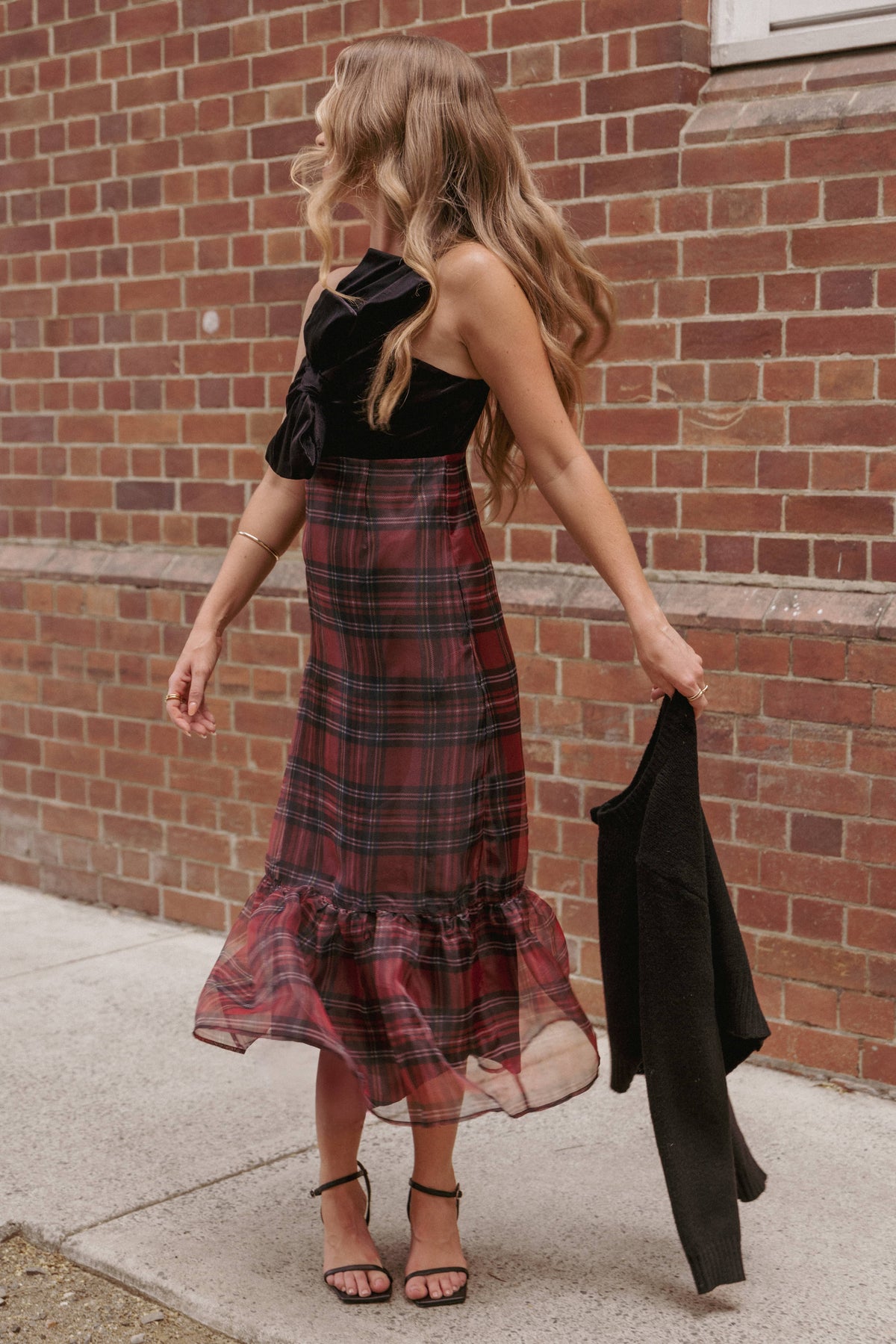Amelie Bow Front One Shoulder Midi Dress in Red Plaid – view 7 of 7