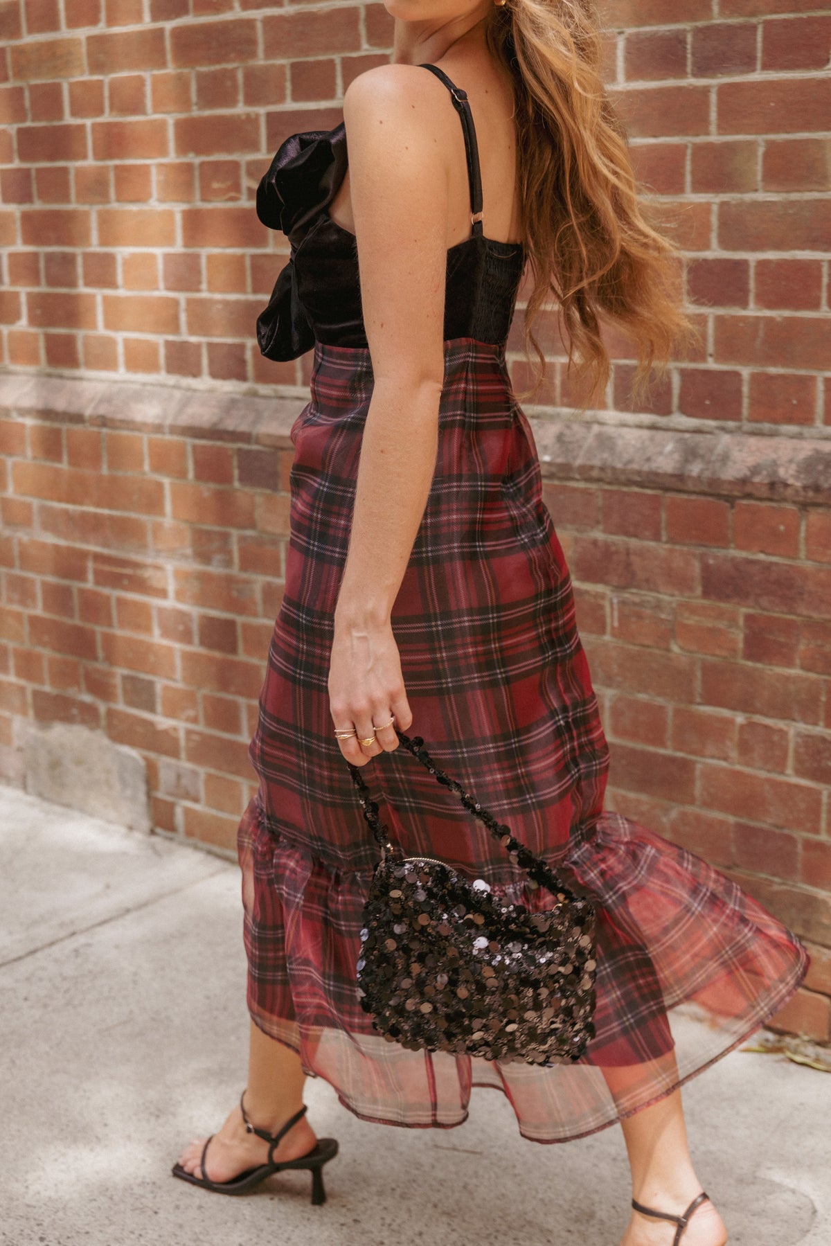 Amelie Bow Front One Shoulder Midi Dress in Red Plaid – view 1 of 7
