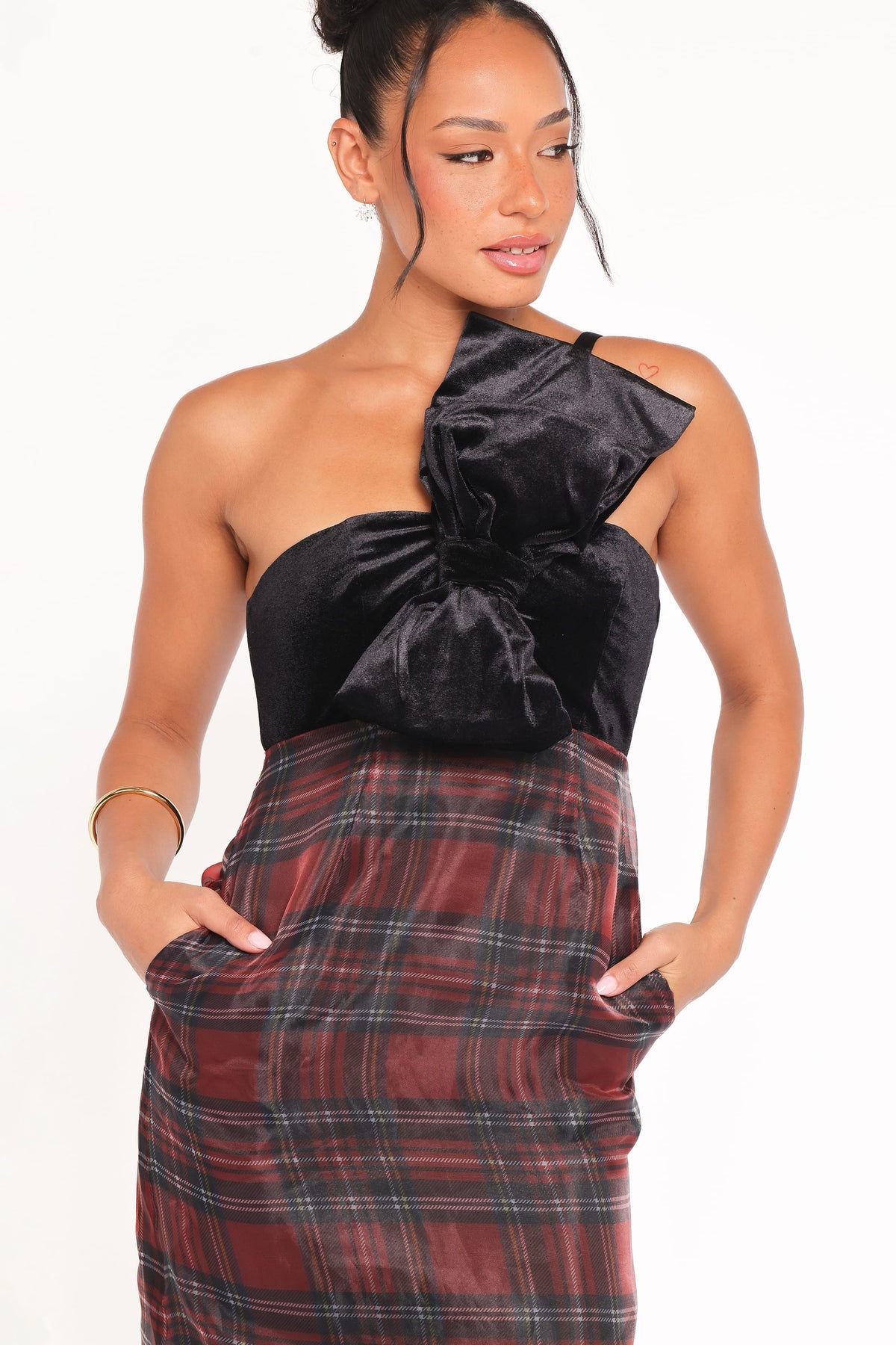 Amelie Bow Front One Shoulder Midi Dress in Red Plaid – view 3 of 7