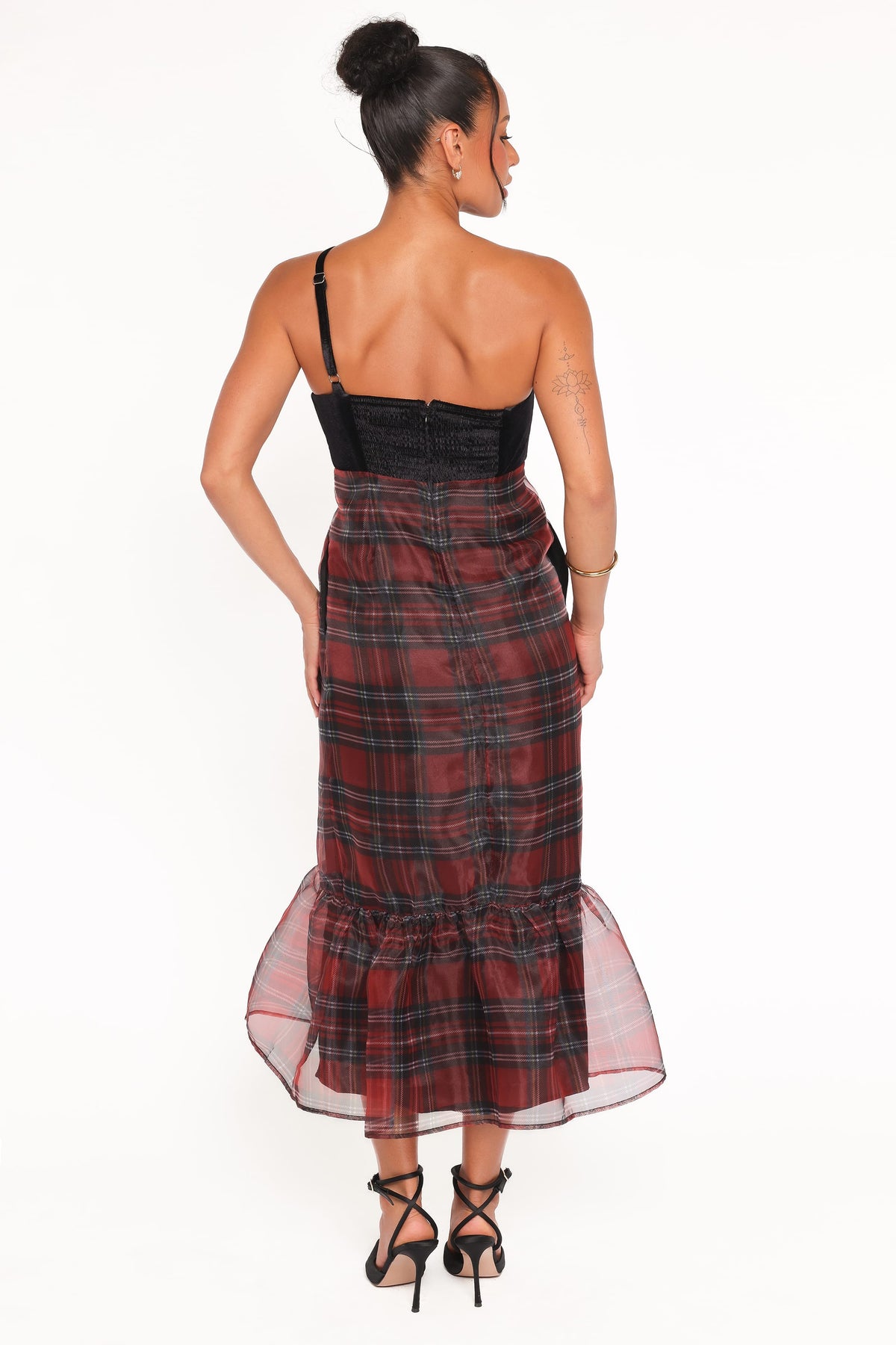 Amelie Bow Front One Shoulder Midi Dress in Red Plaid – view 5 of 7