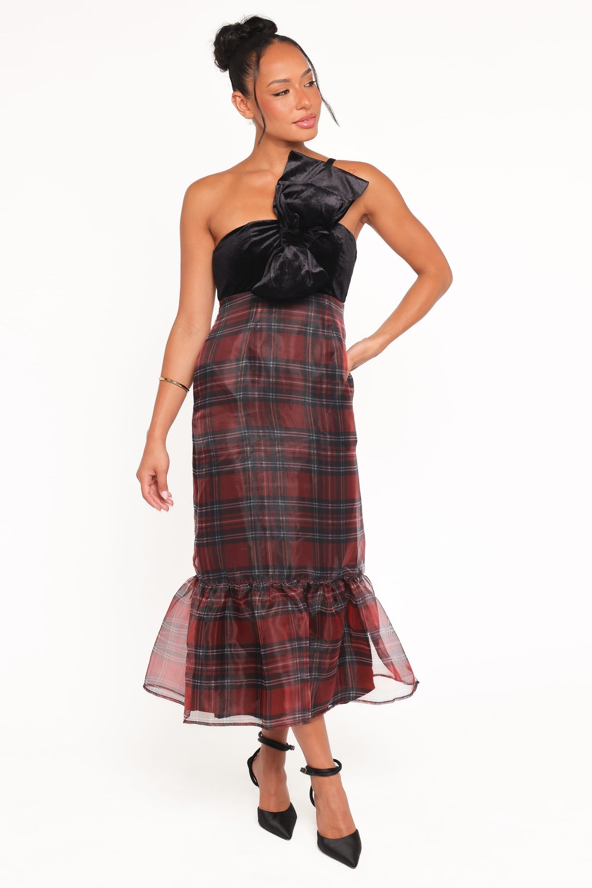 Amelie Bow Front One Shoulder Midi Dress in Red Plaid – view 2 of 7